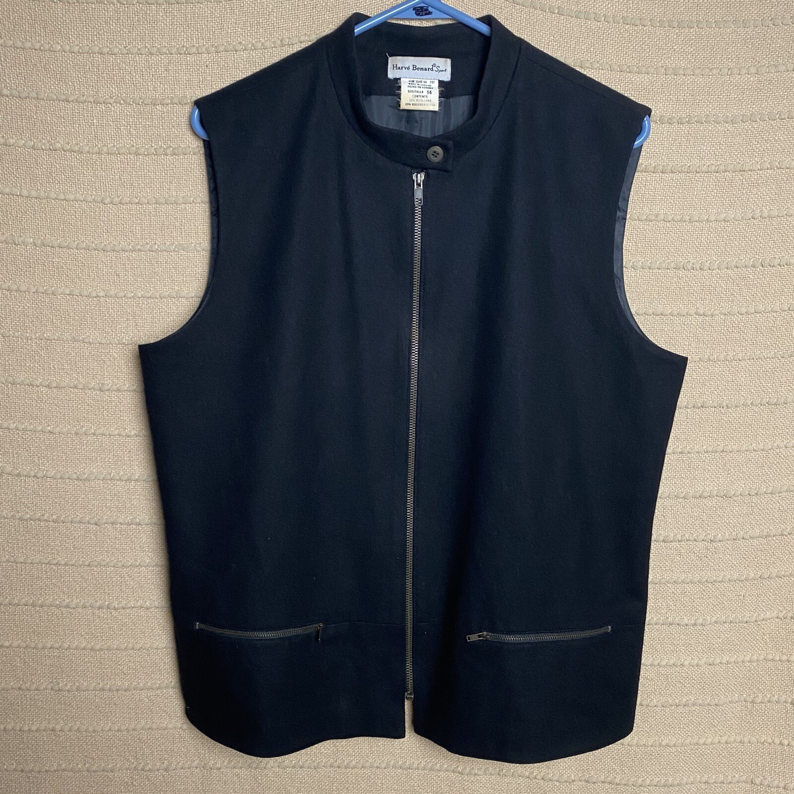 Vintage Harve Benard Jacket Womens Black WoolBlend Sleeveless Full Zip Button 14