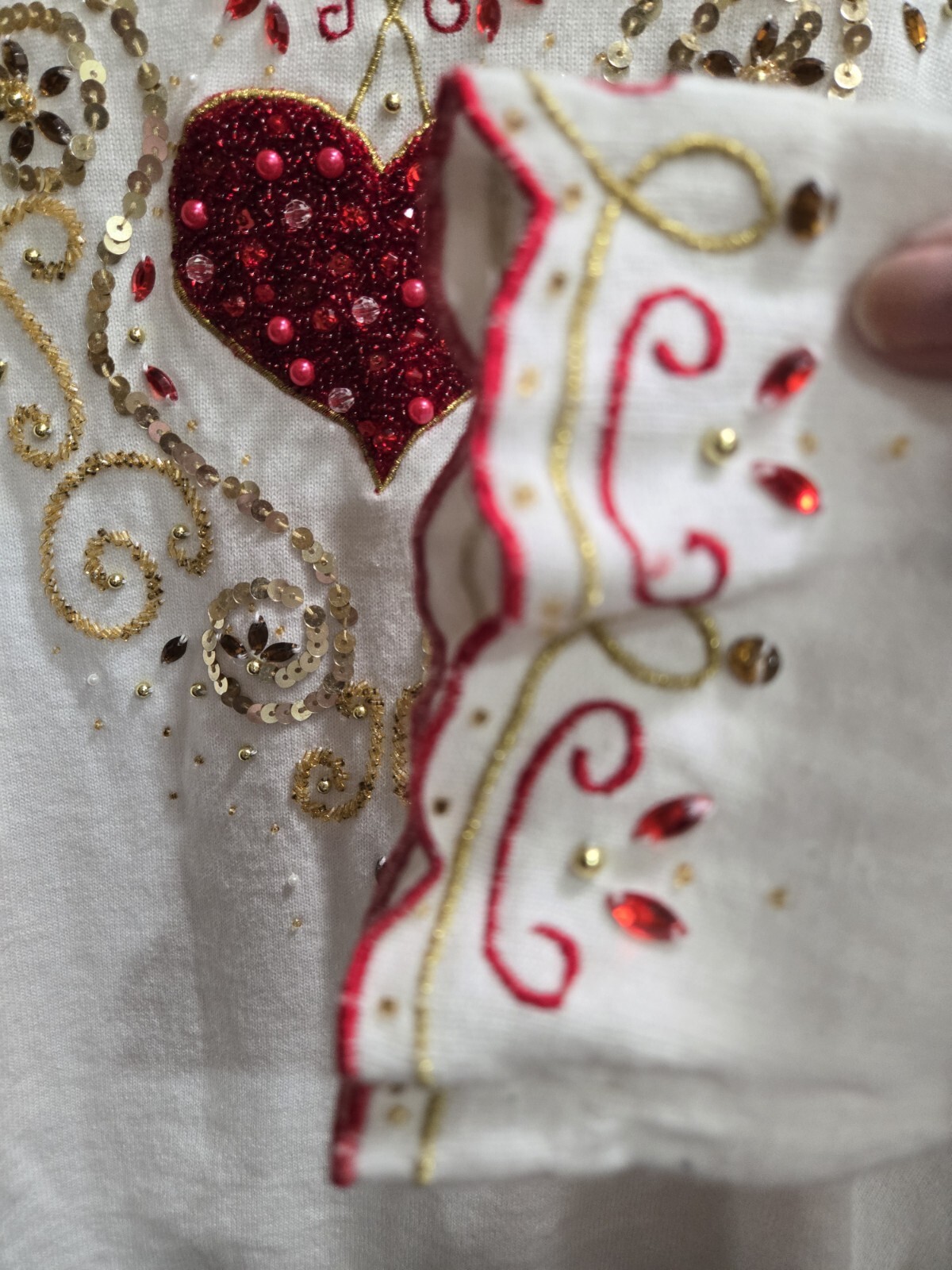 Vintage Women’s Red Sequin Heart White Top By Jack B. Quick 3/4 Sleeve Size LG