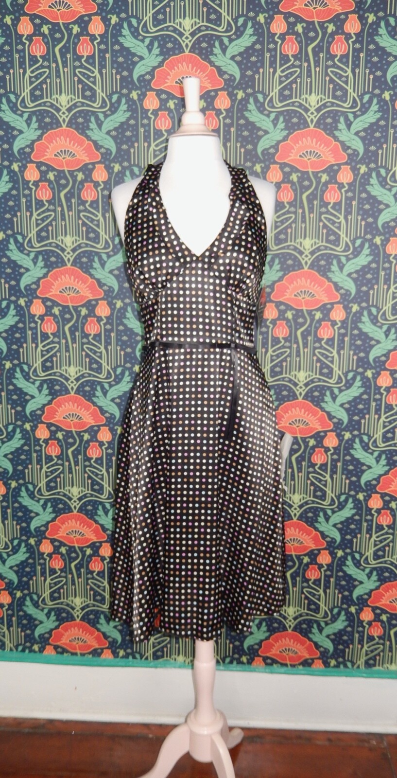 Vintage Y2K CDC Rampage Satin Polka Dot Halter Cocktail Dress 8 New