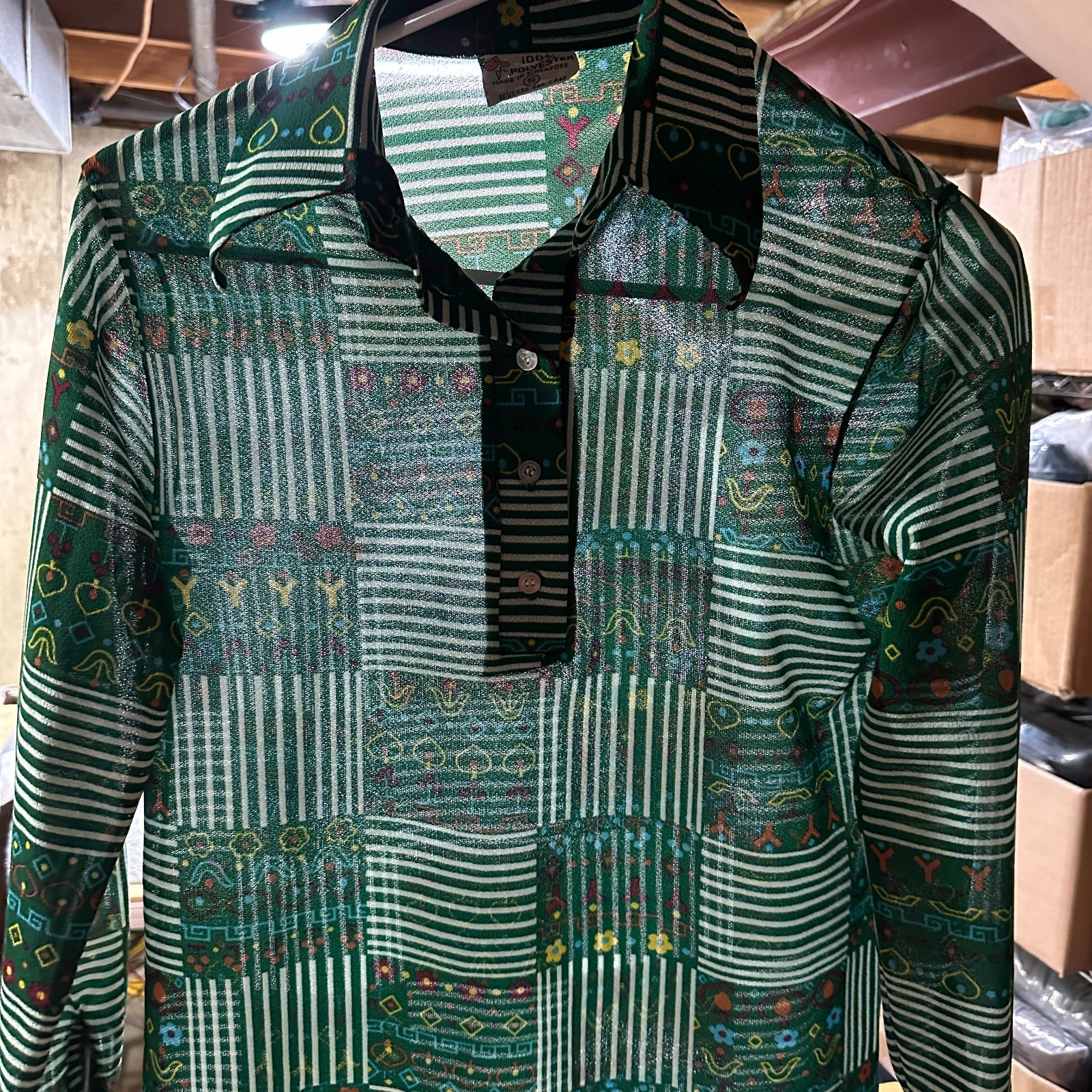 Vintage 70s Summer Shirt Womens S Green Flower Long Sleeve Disco Blouse