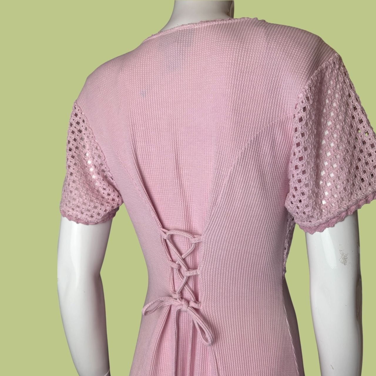 Vintage 70s 80s 90s Pink Rosette Crochet Knit Corset Dress