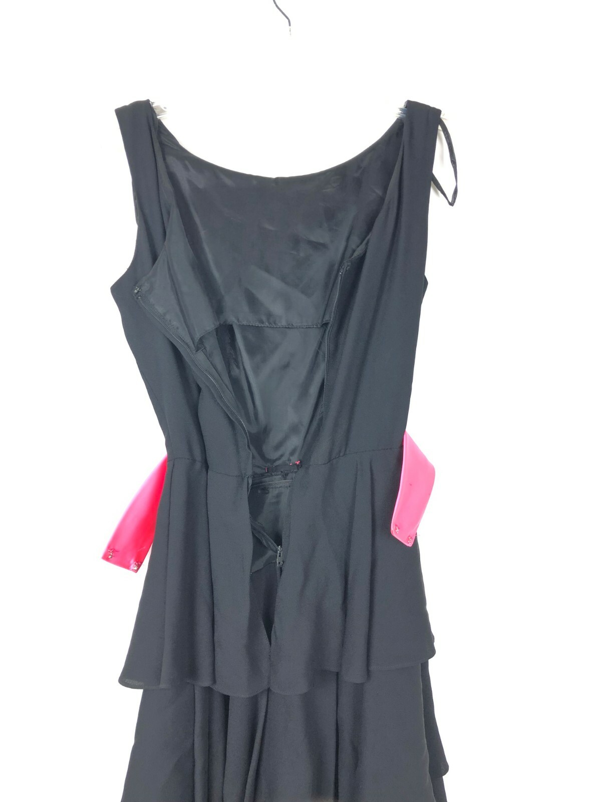 Elinor Gay Vintage Womens Siz 14 Dress Black Ruffle Sleeveless Pink Bow Belt 96K