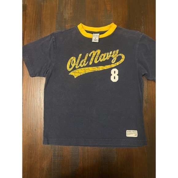 Old Navy Brand Ringer Tee Navy Blue Yellow Vintage Athletic Graphic Shirt Size M