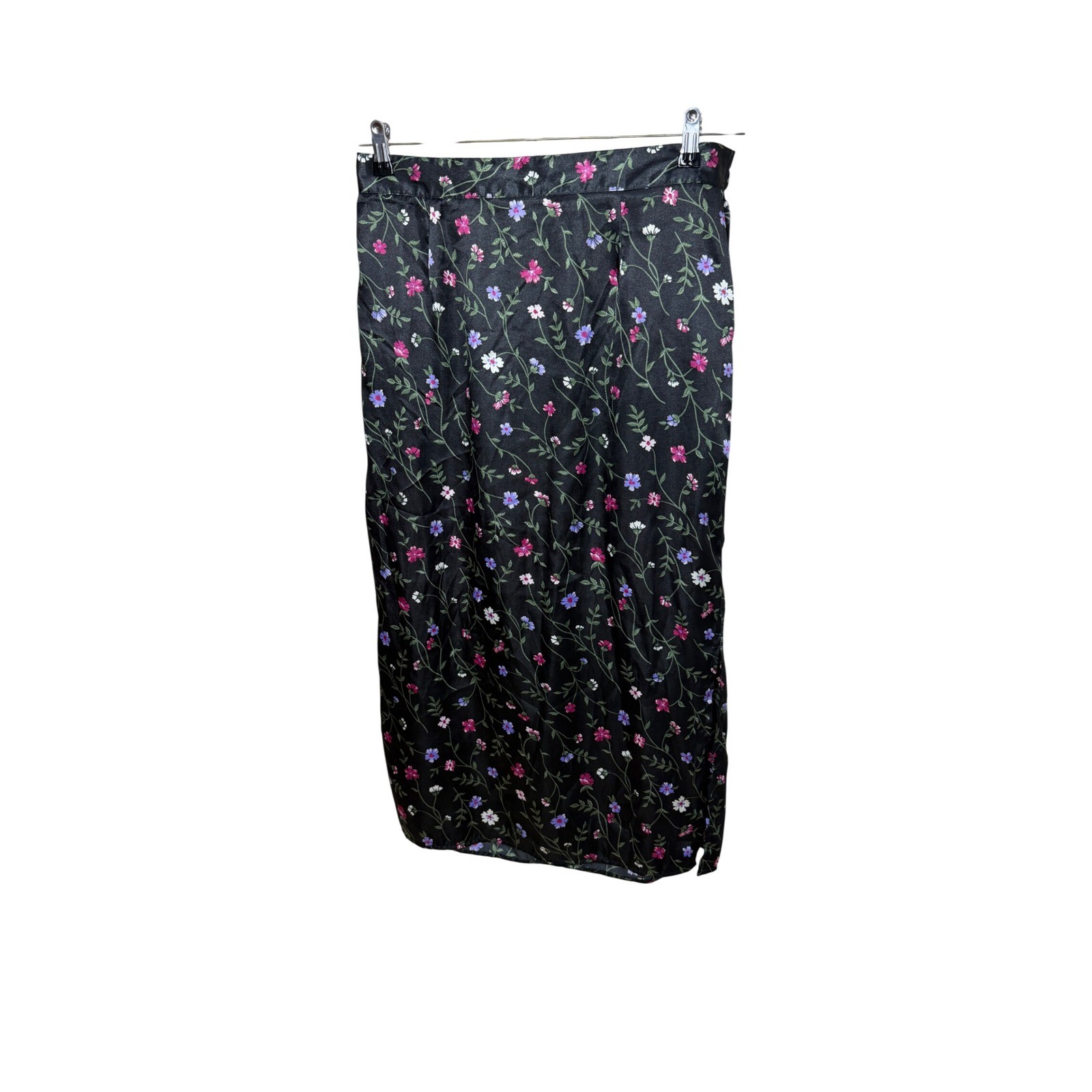 Vintage Fashion Bug Floral Satin Midi Skirt Black Pink Purple Plus 14W/16W USA