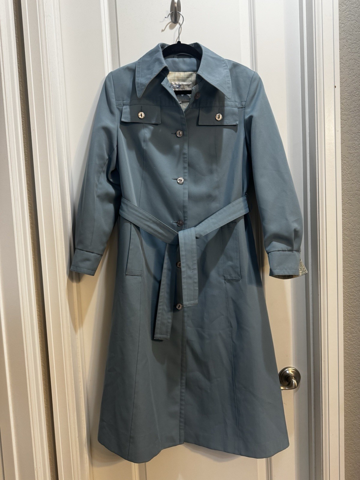 Vintage AstorOne Blue Woven Polyester Belted Trench Coat Size 12 Lined Pockets