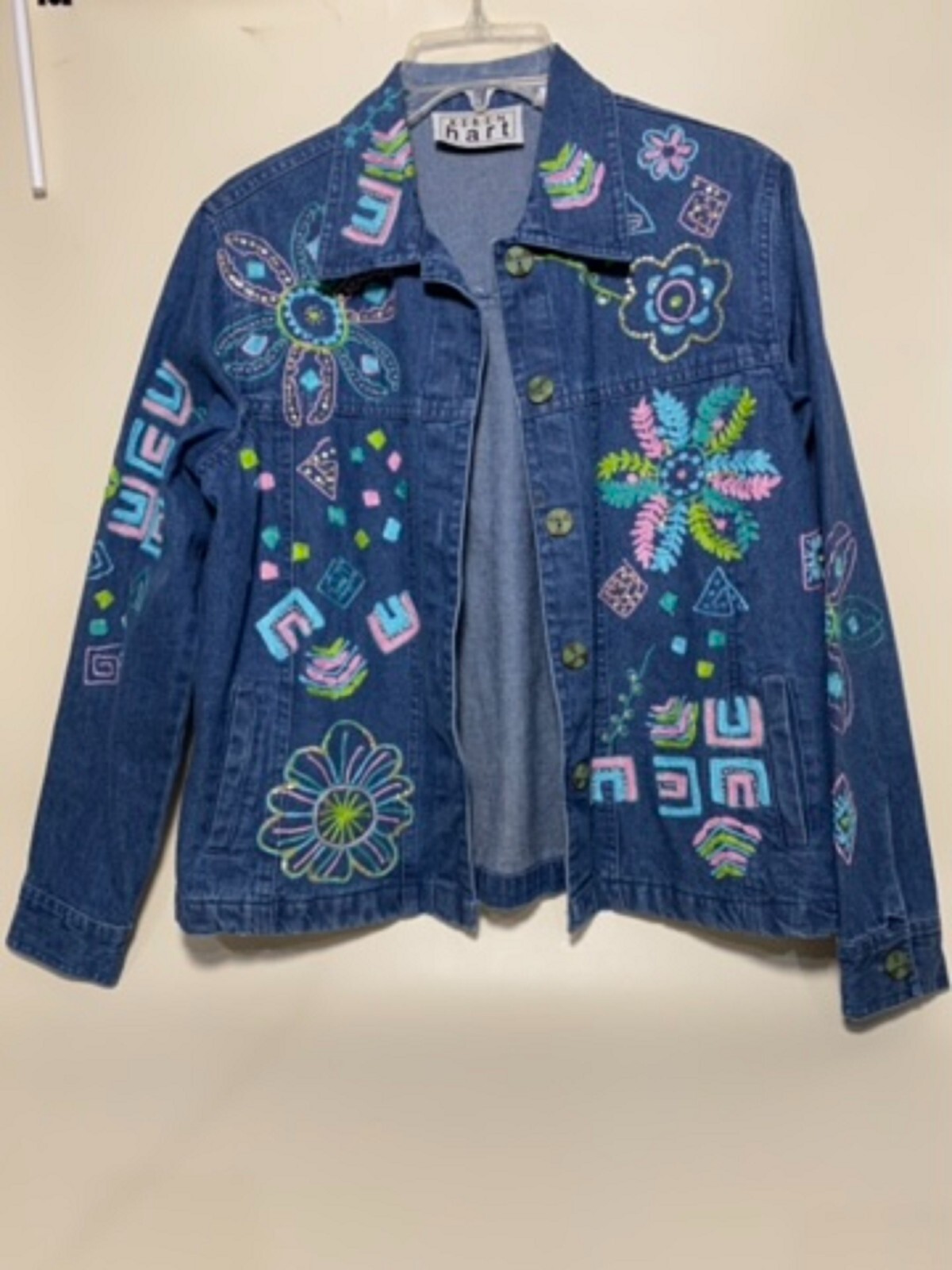 Vintage Keren Hart Y2K Colorful Embroidered Button Up Denim Jean Jacket Small