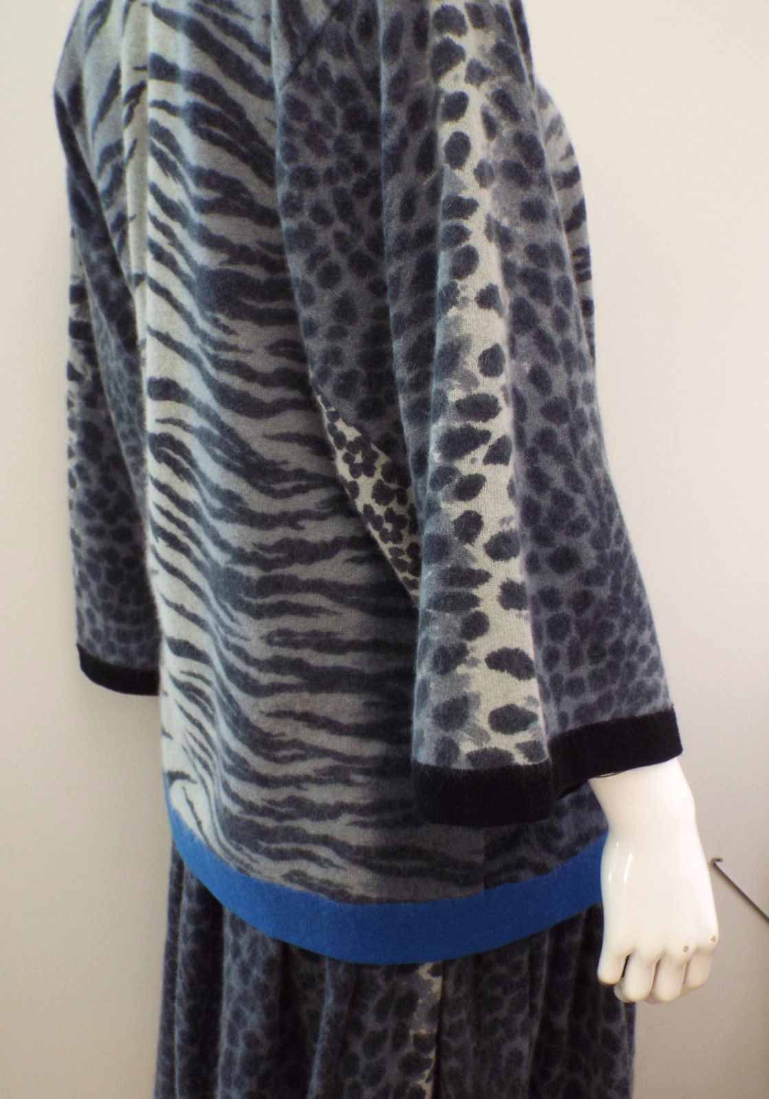 Vintage 1980s KENZO Sweater & Skirt Lambswool Angora Gray Animal Print Blue