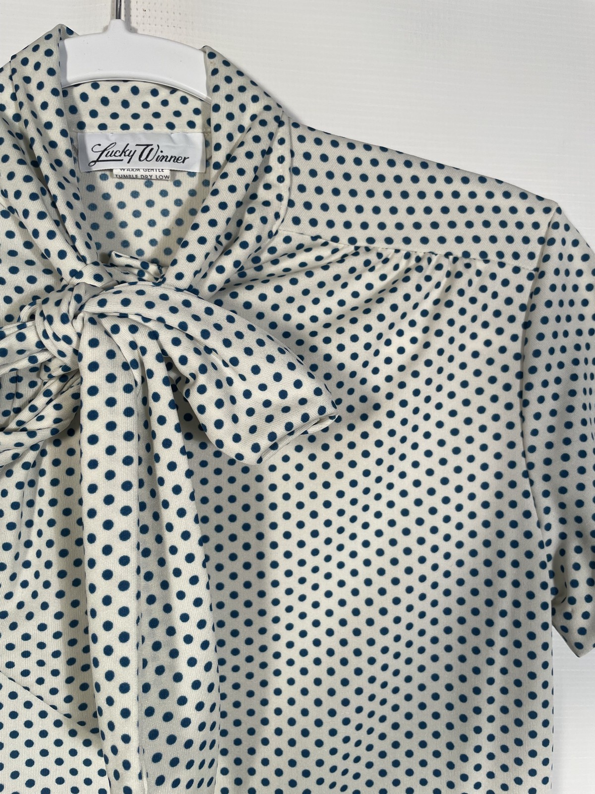 Vintage 1970’s Blue Polka Dot Blouse With Collar Tie Size S