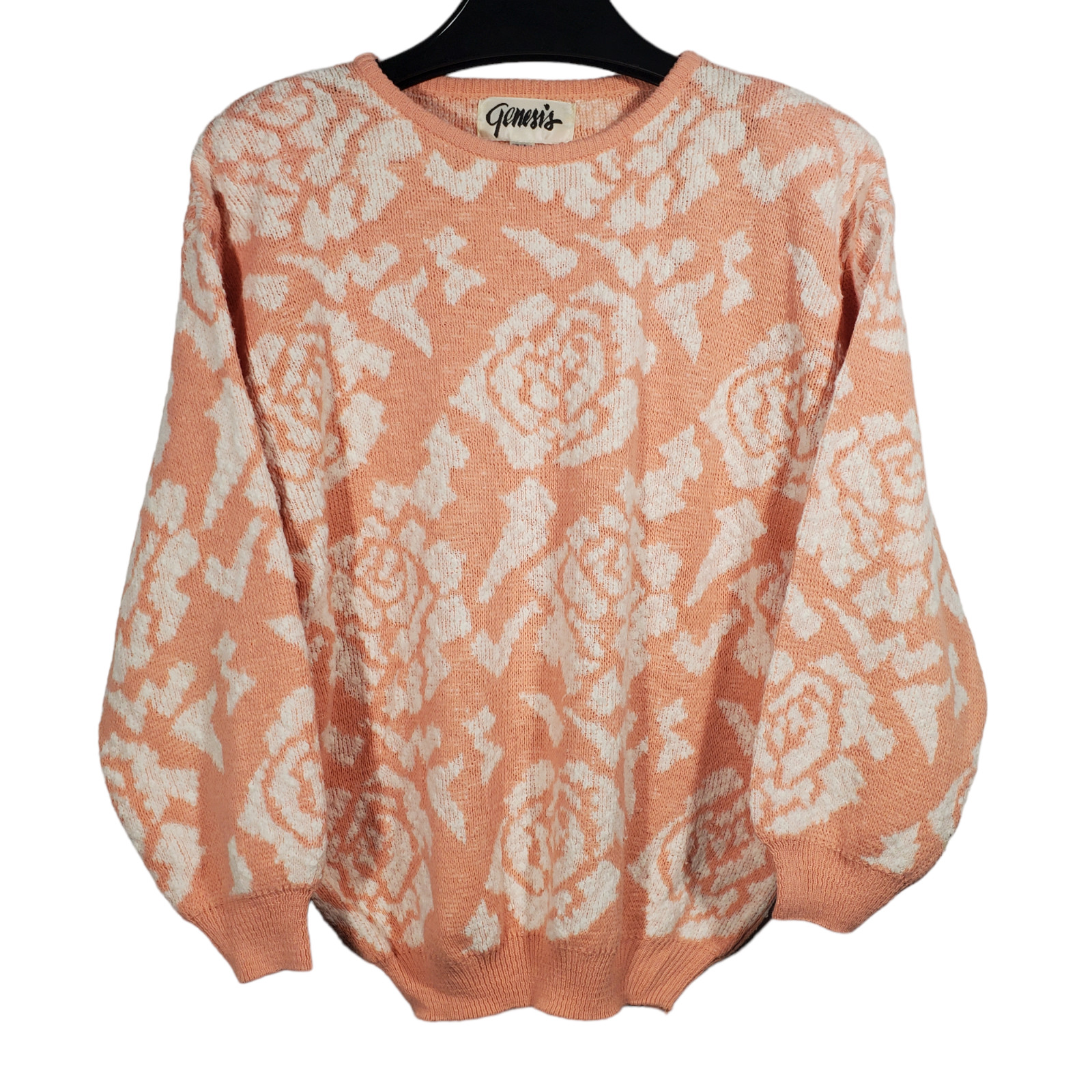 VTG 80s Chenille Rose Knit Sweater Sz M Peach Pink Genesis Grannycore Crewneck