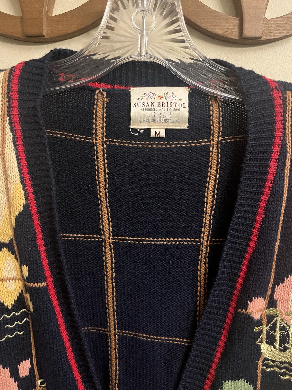 Vtg 90 Cardigan Sweater Susan Bristol Hand Knit Embroidery Novelty World Map M