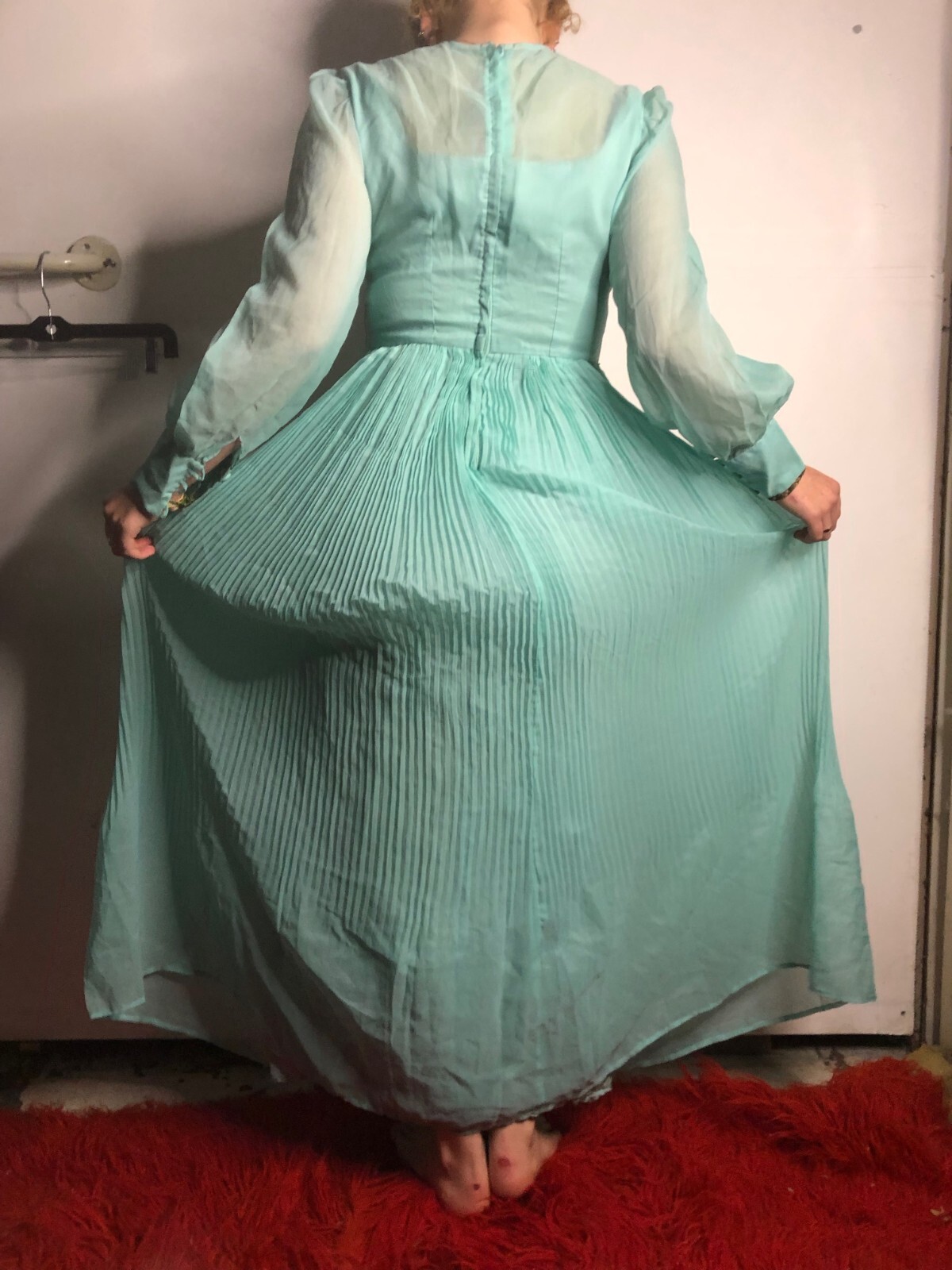 Vintage 1980s Teal Blue Kaftan Dress Chiffon Sleeves Prairie Boho AU 14 16