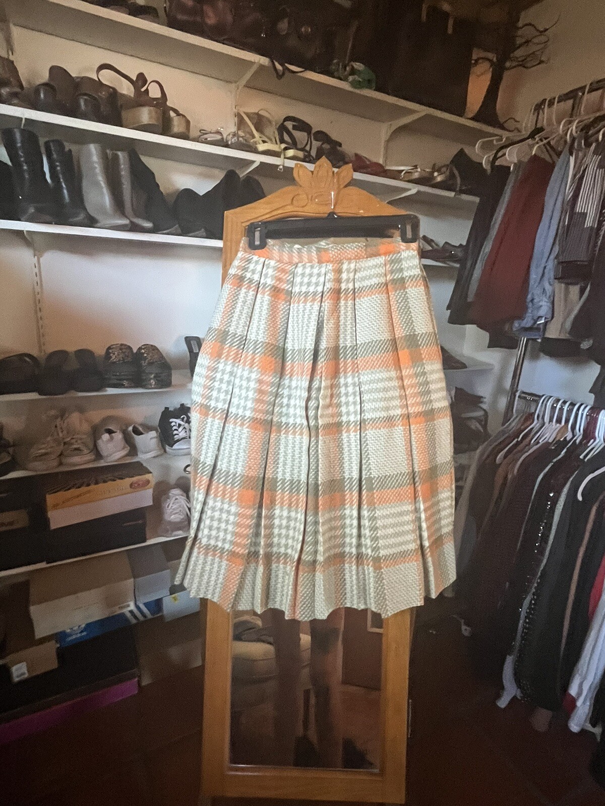 Vtg 1950s 60s Olive & Blue Wool Plaid Pleated Skirt S Just Below Knee Length EUC