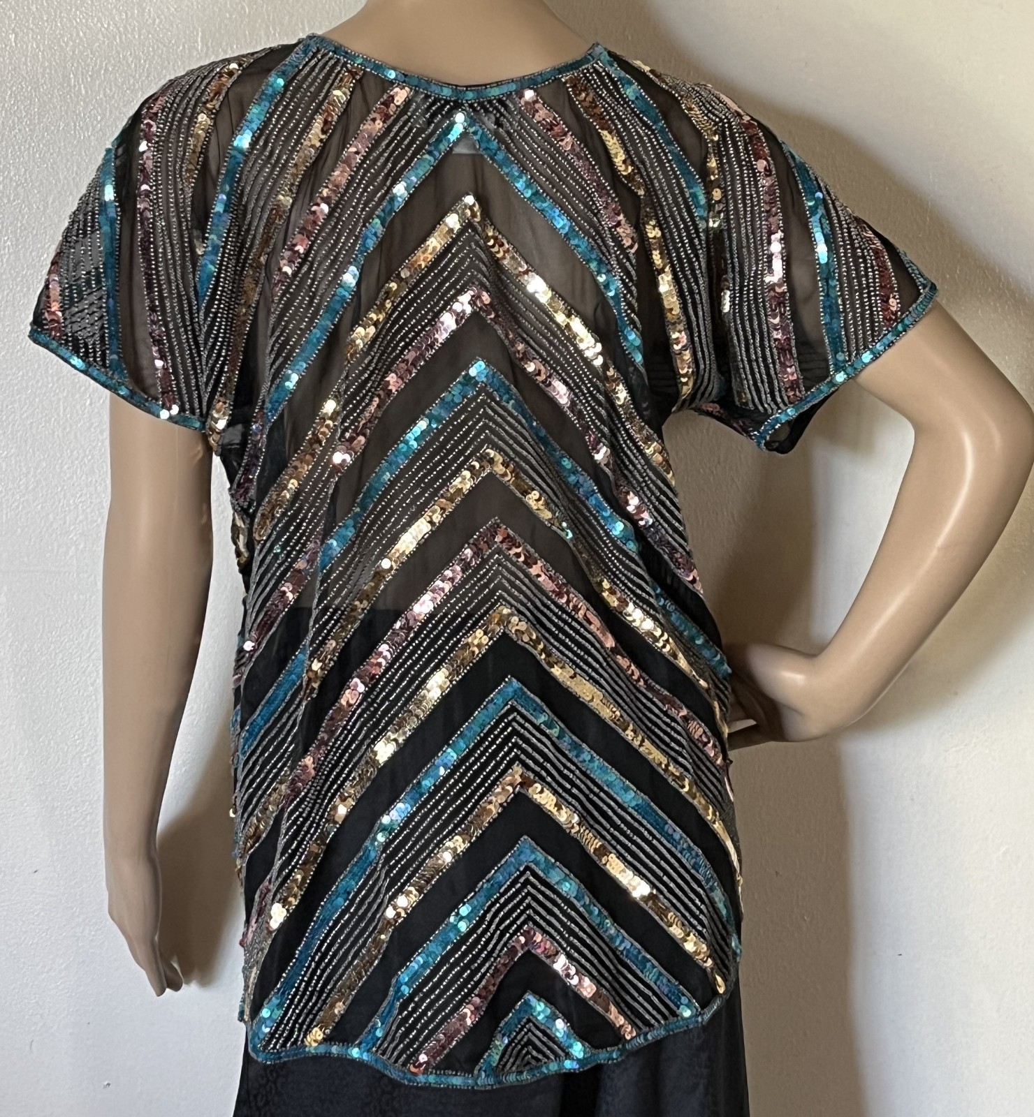 1980s Club Scene Black & Blue & Silver Sequin Silk Blouse by Argenti Size Medium