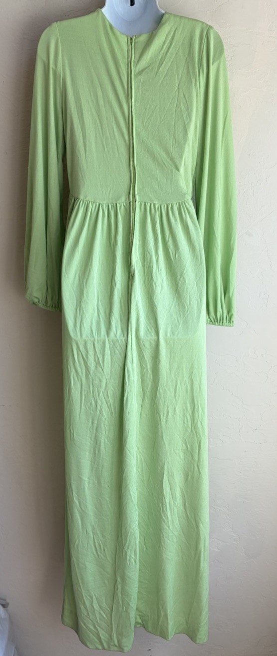 Vintage 1970s Gloria Moret Lime Green Maxi Dress S M Cut Out Disco Goddess Gown