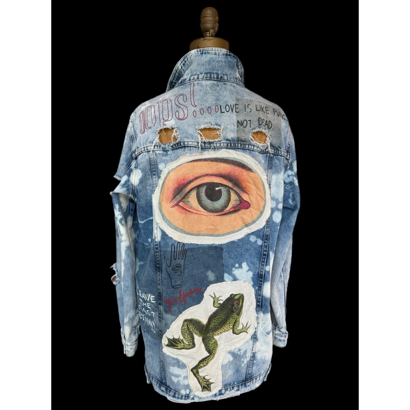 One-of-One Distressed Folk Art Denim Jacket | Bleached Eye Patch Jacket | Medium