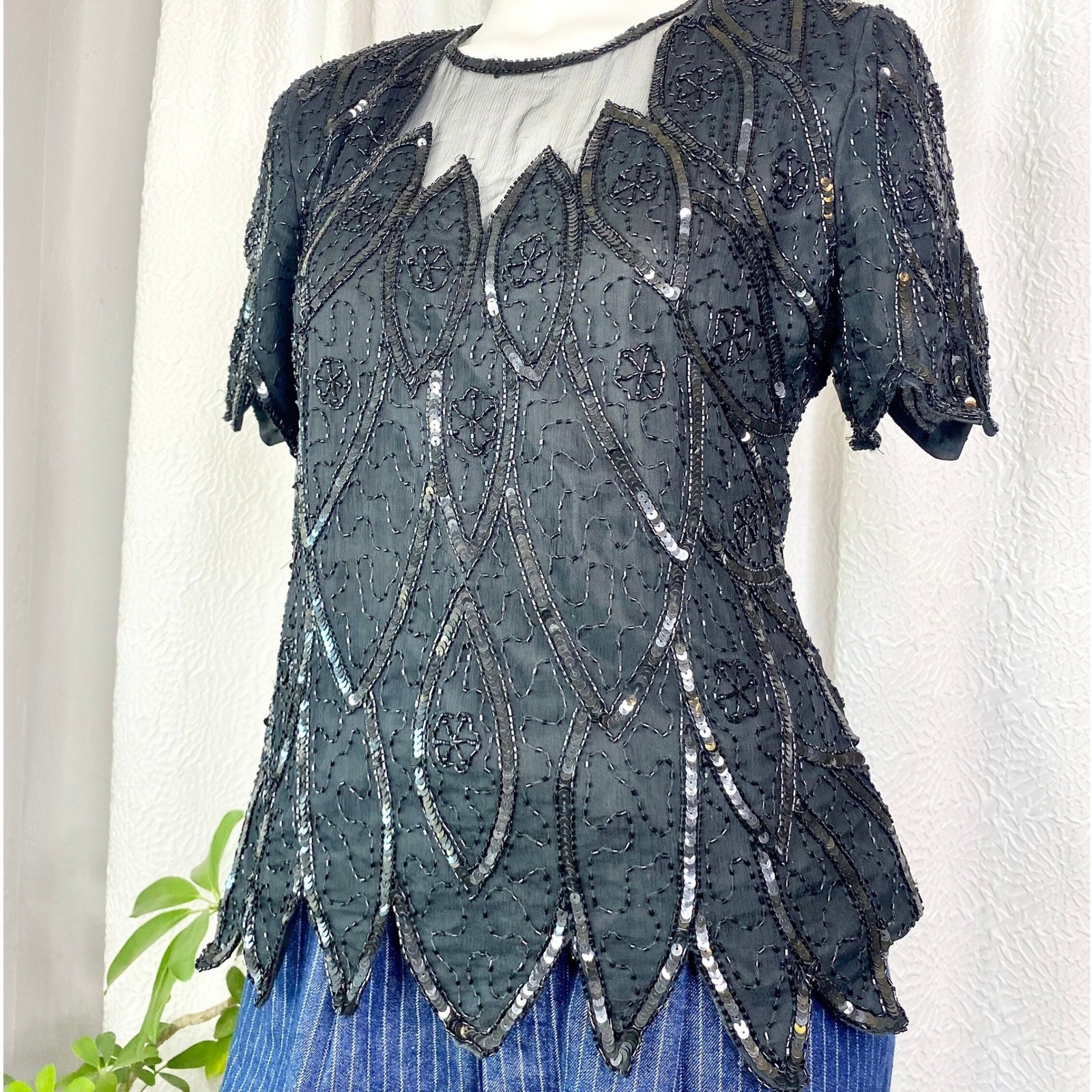 Vintage 100% Silk Black Sequin Top, Beaded Embellished, Size Medium