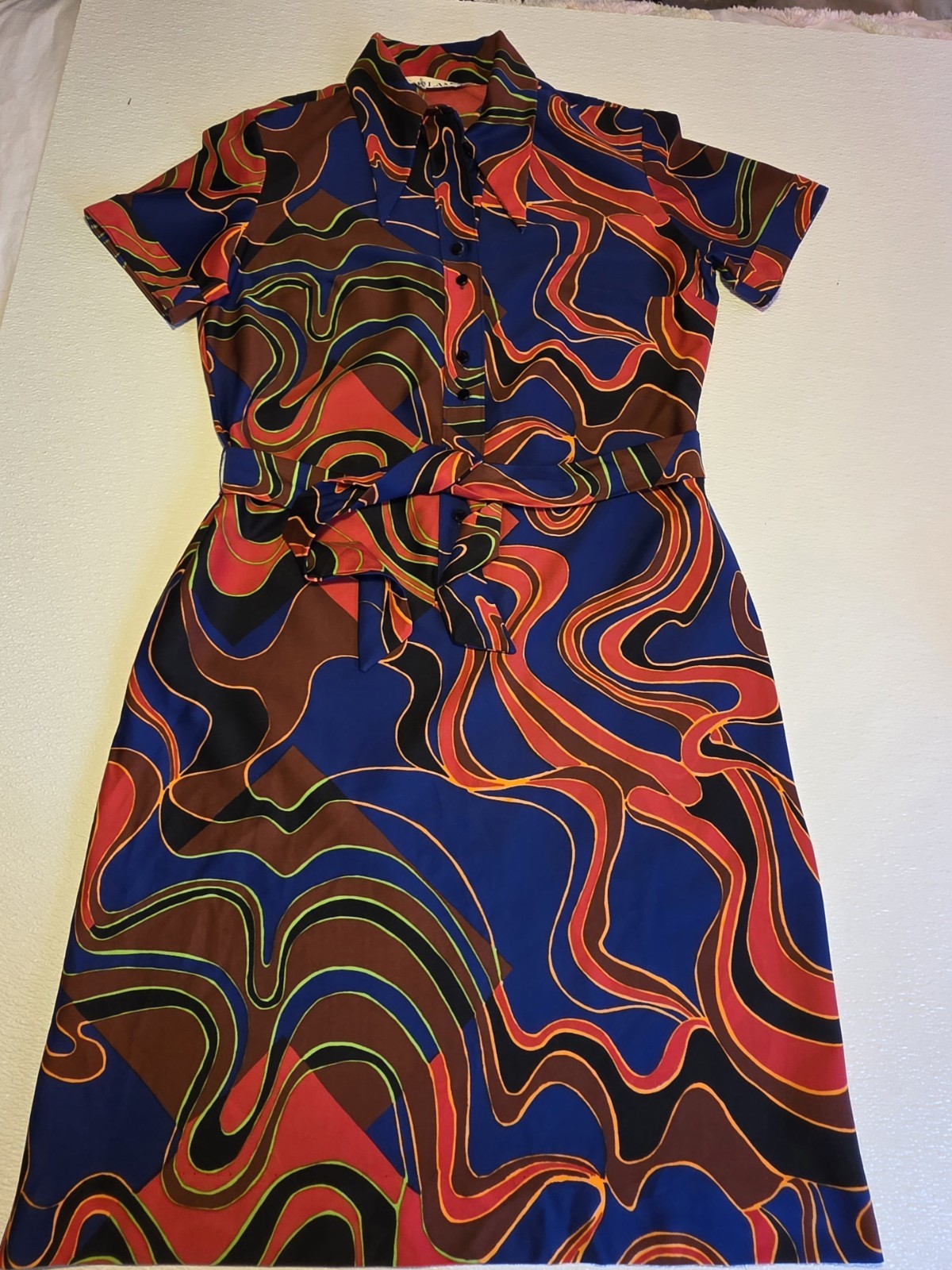 Vintage Lanvin Colorful Psychedelic Geometric Pointed Collar Short Sleeve Dress