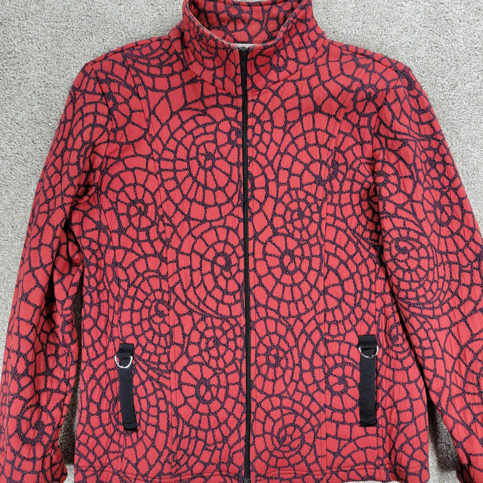 Vintage Rafael Sport Jacket Womens M Red Black Printed Zip Up High Neck Pockets