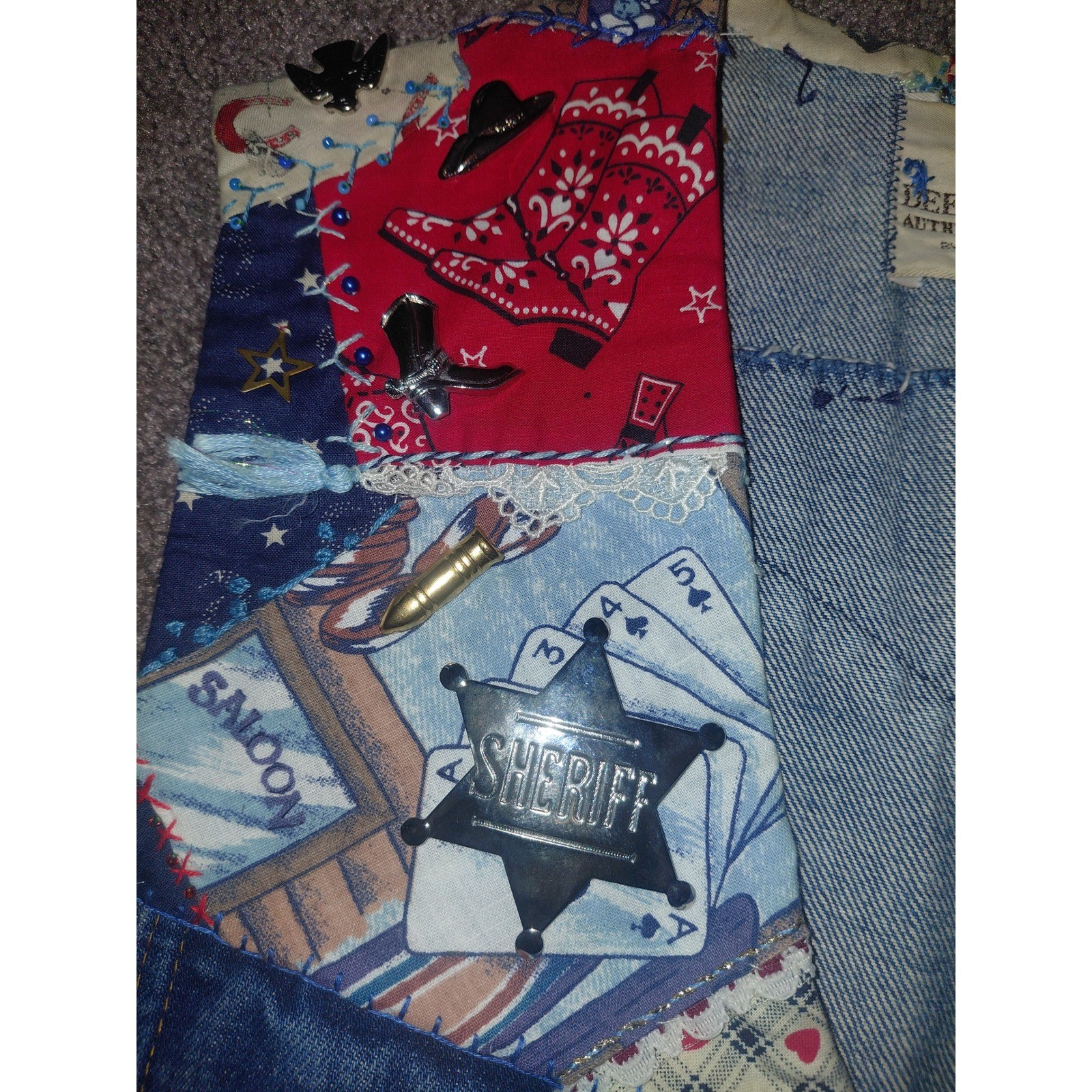 Vintage Dee Cee Brand Western Denim Vest Patchwork Charms Sheriff Badge USA Made