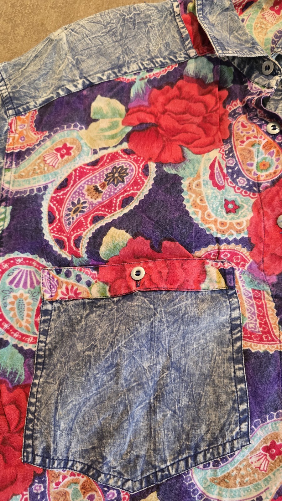 Vintage Something Different Button Down Top Shirt Floral Denim Pattern Size M