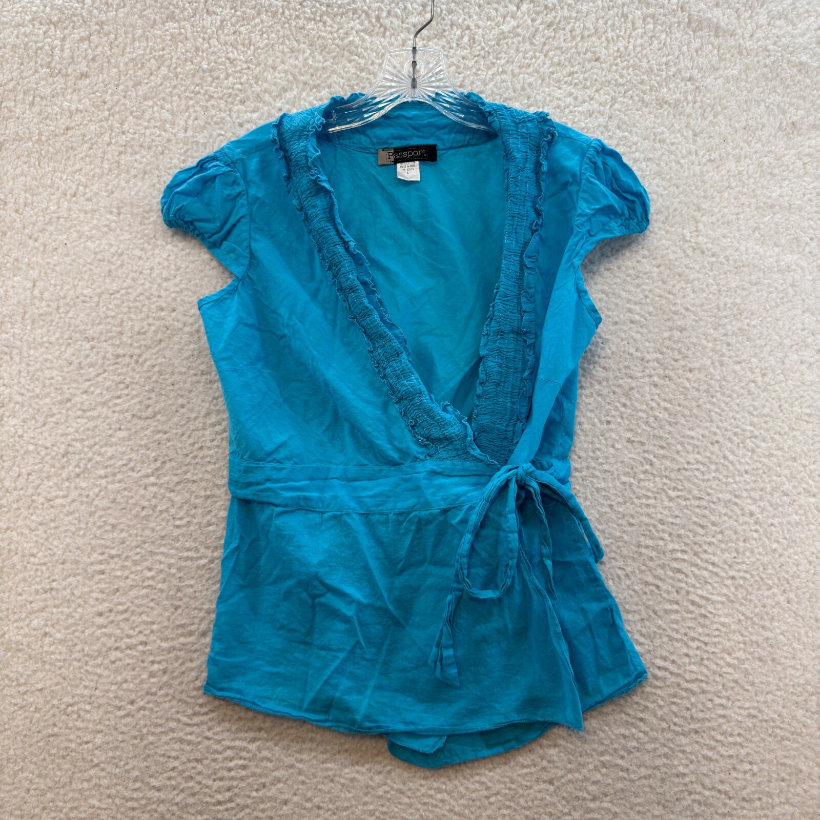 Y2K Vintage Wrap Top Large Aqua Blue Cap Sleeve Boho Fairy Grunge Cottagecore