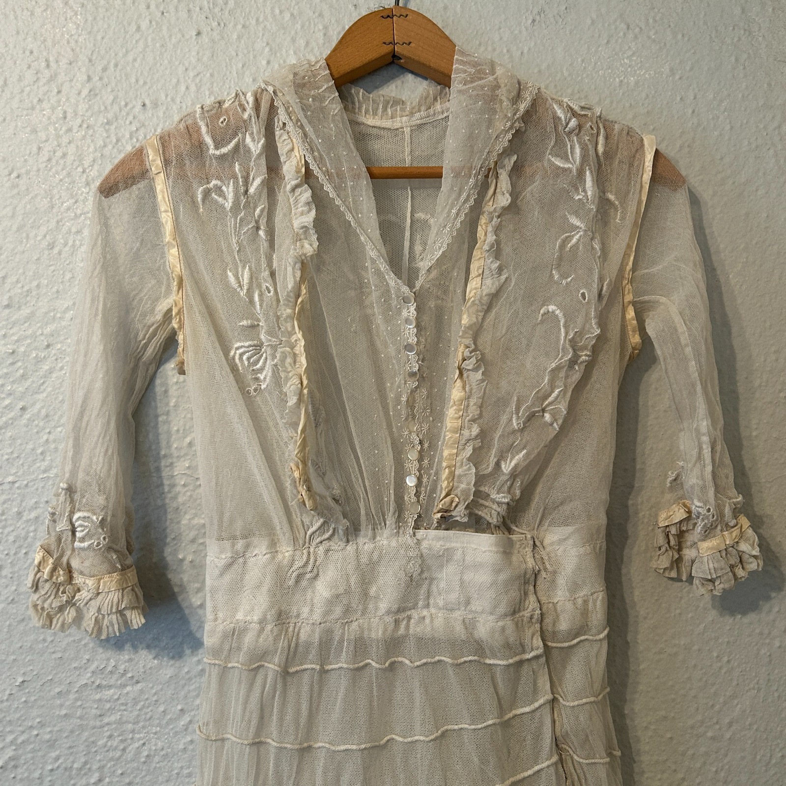 Antique Edwardian Sheer White Ruffle Floral Net Lace Gown Lawn Dress Bridal