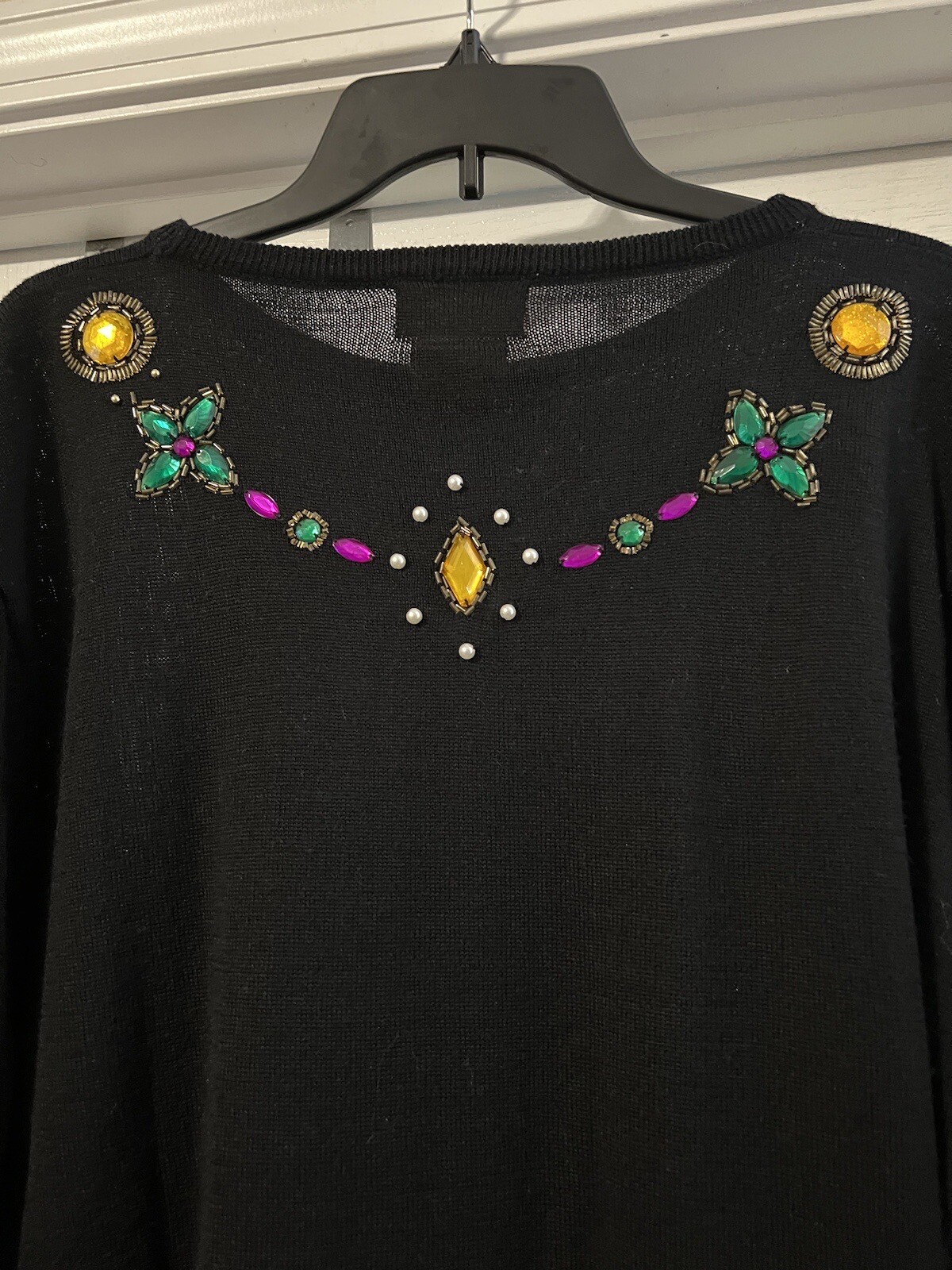 VTG Doncaster Sweater Women LG Black Bedazzled Neckline Wool Blend Castlecore
