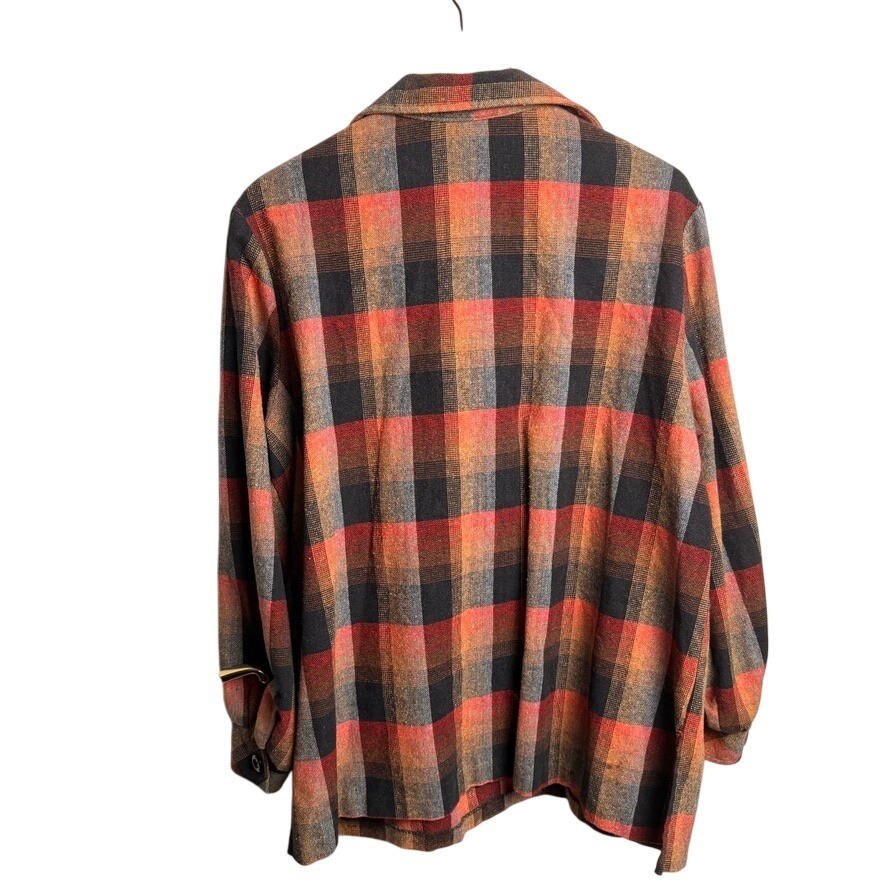 Vintage Womens Plaid Shacket M Pullover Orange Black Flannel Retro 70s 80s Cabin