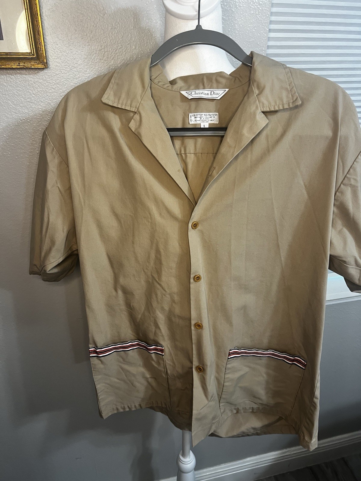 Vintage Christian Dior Work Shirt Button-Down Women’s Large Tan , Blue White red