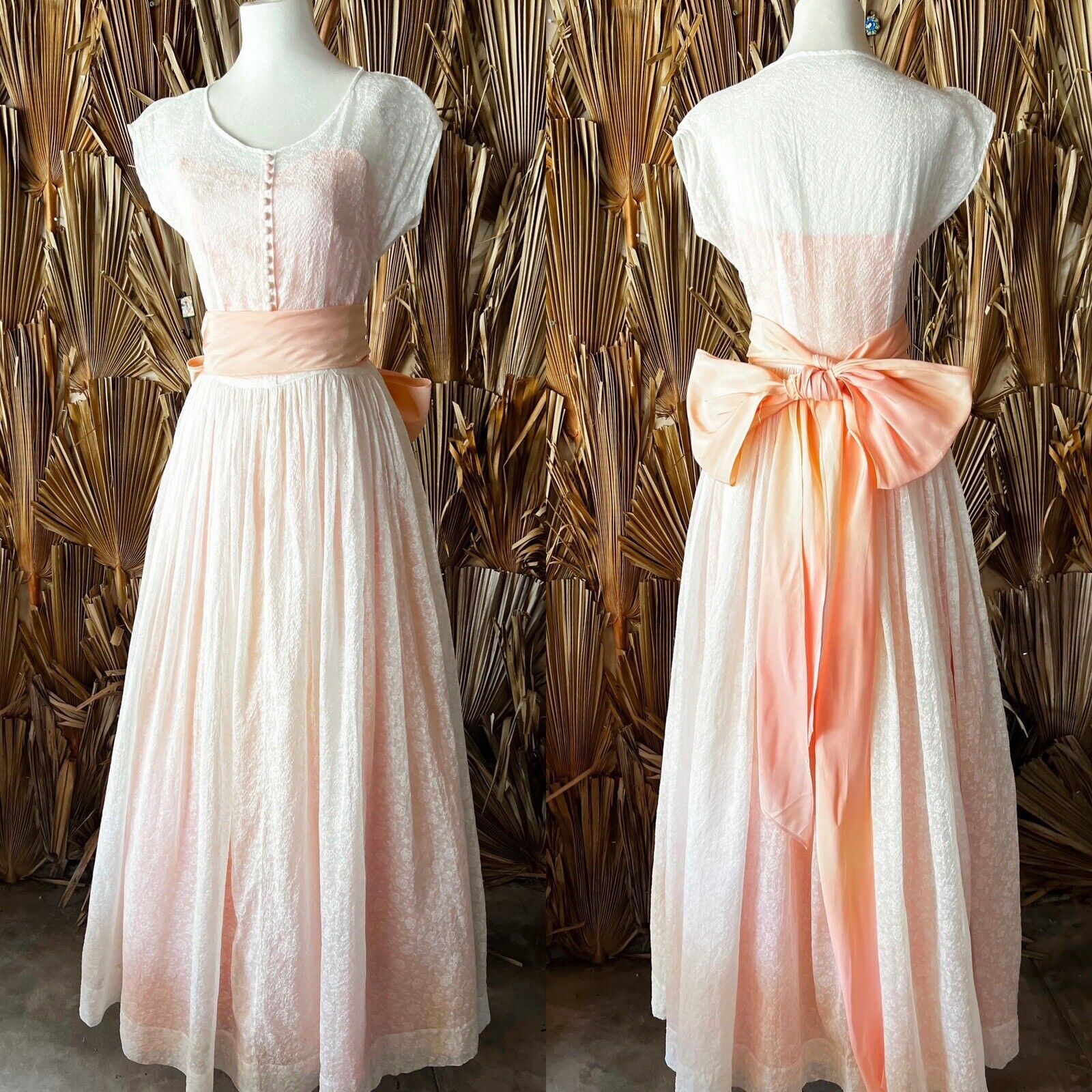 Vintage 1940s Gown Pink and White Organdy Lace Dress Bow Coquette Wedding