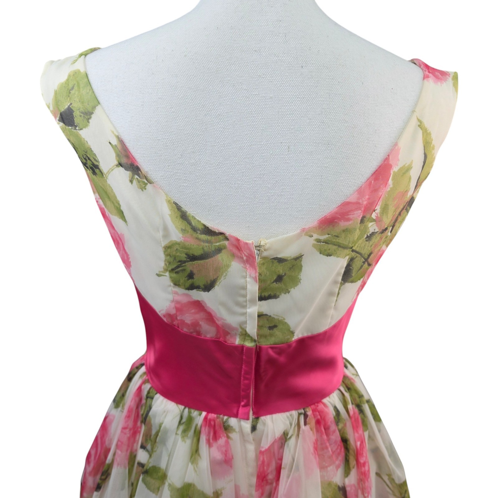Vtg 1950-60s Floral Cocktail Party Dress Pink Bow Fit Flare Womens Small Costume