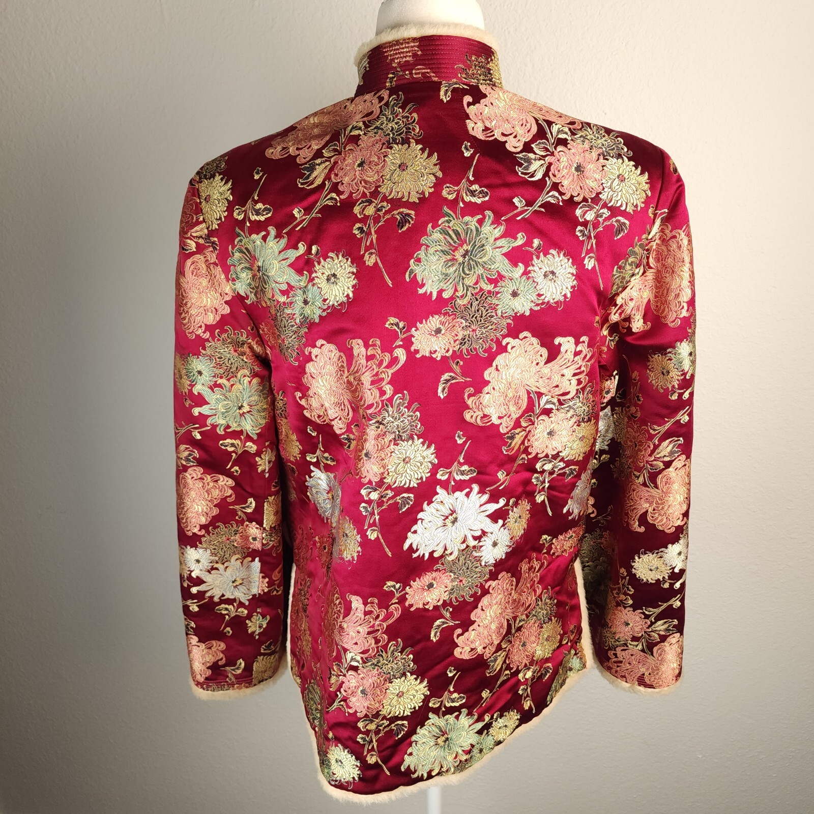 Vintage 70s Asian Mandarin Sherpa Lined Jacket Coat Silk Burgundy Chrysanthemum