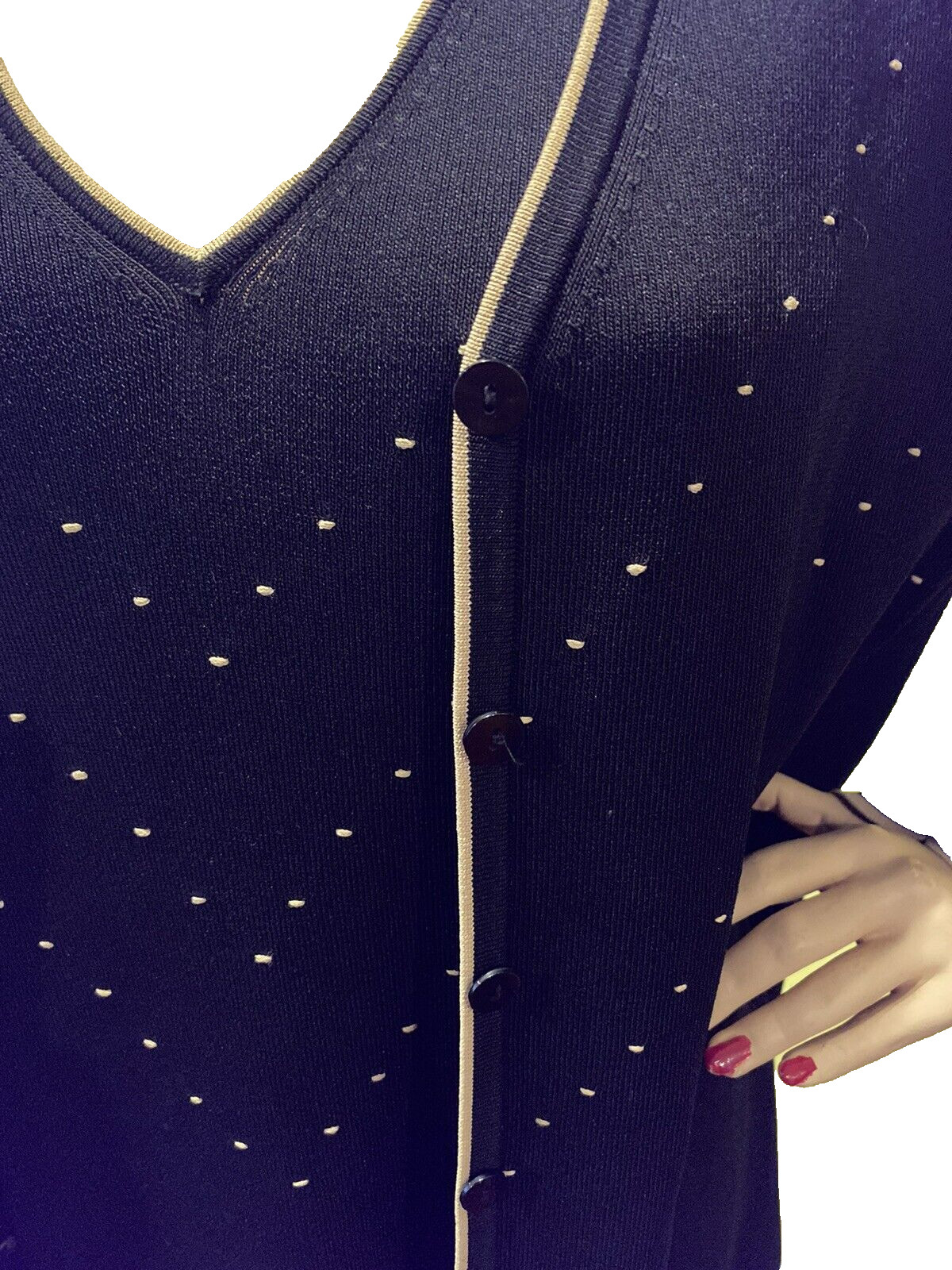 VINTAGE 1980’s MAX STUDIO Dress and Cardigan Set Black with Beige Trim SIZE XL