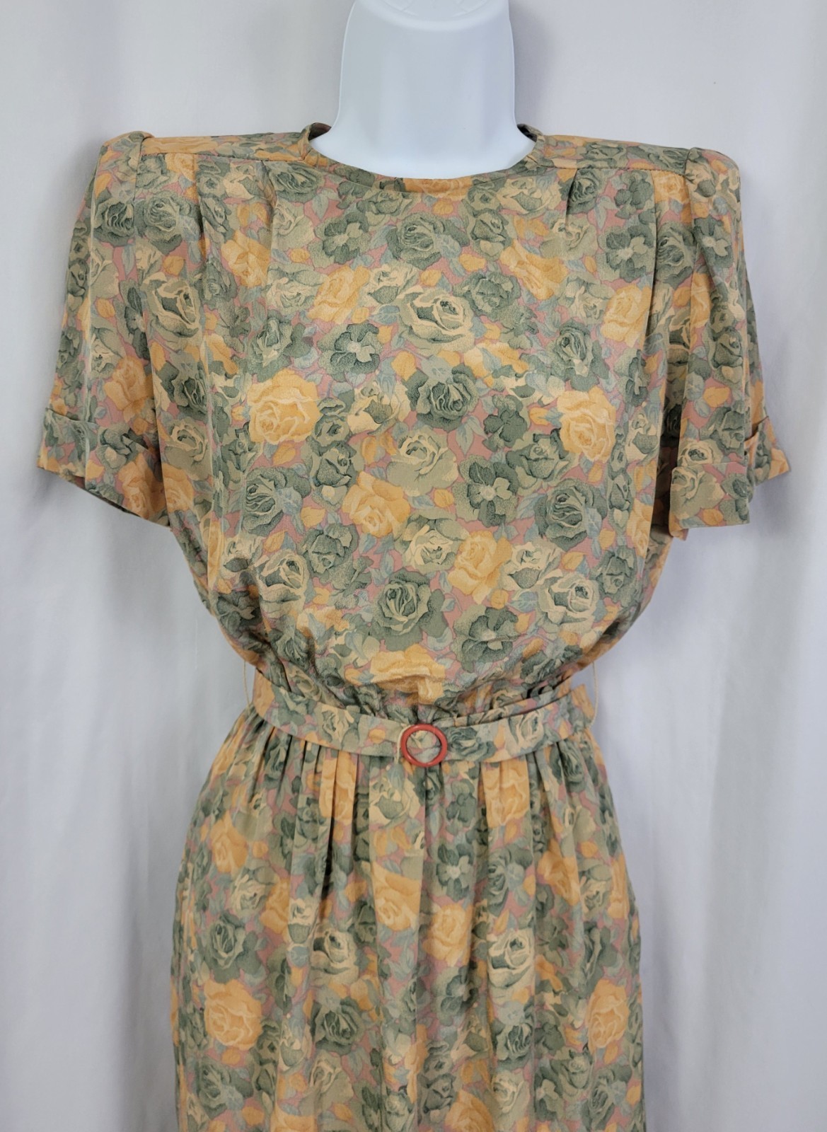 Vintage Taurus II Muted Green & Gold Floral Blouson Dress w Belt Size 4