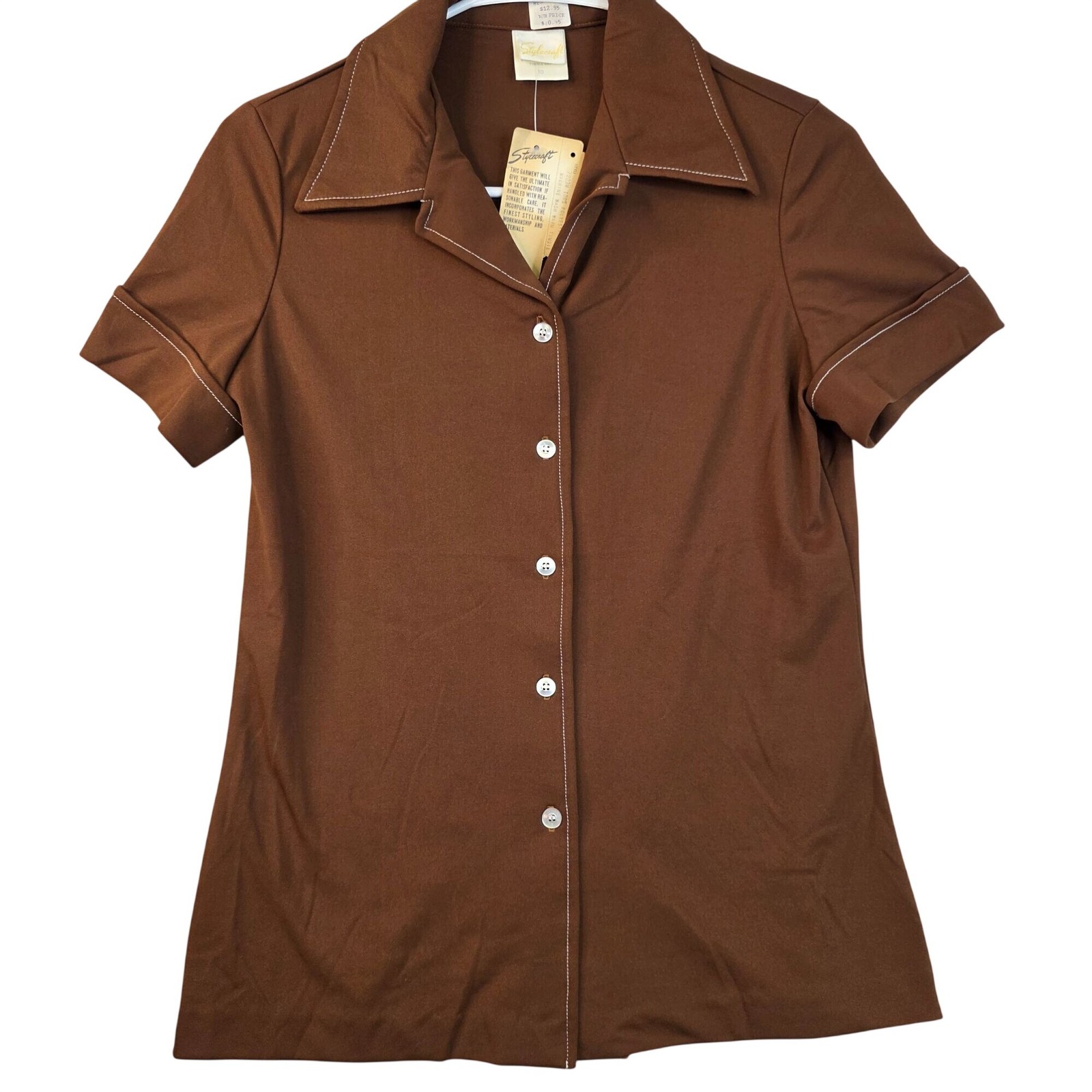 Vintage 70s Stylecraft Button Up Shirt 10 Brown Golf Retro Country Club Office