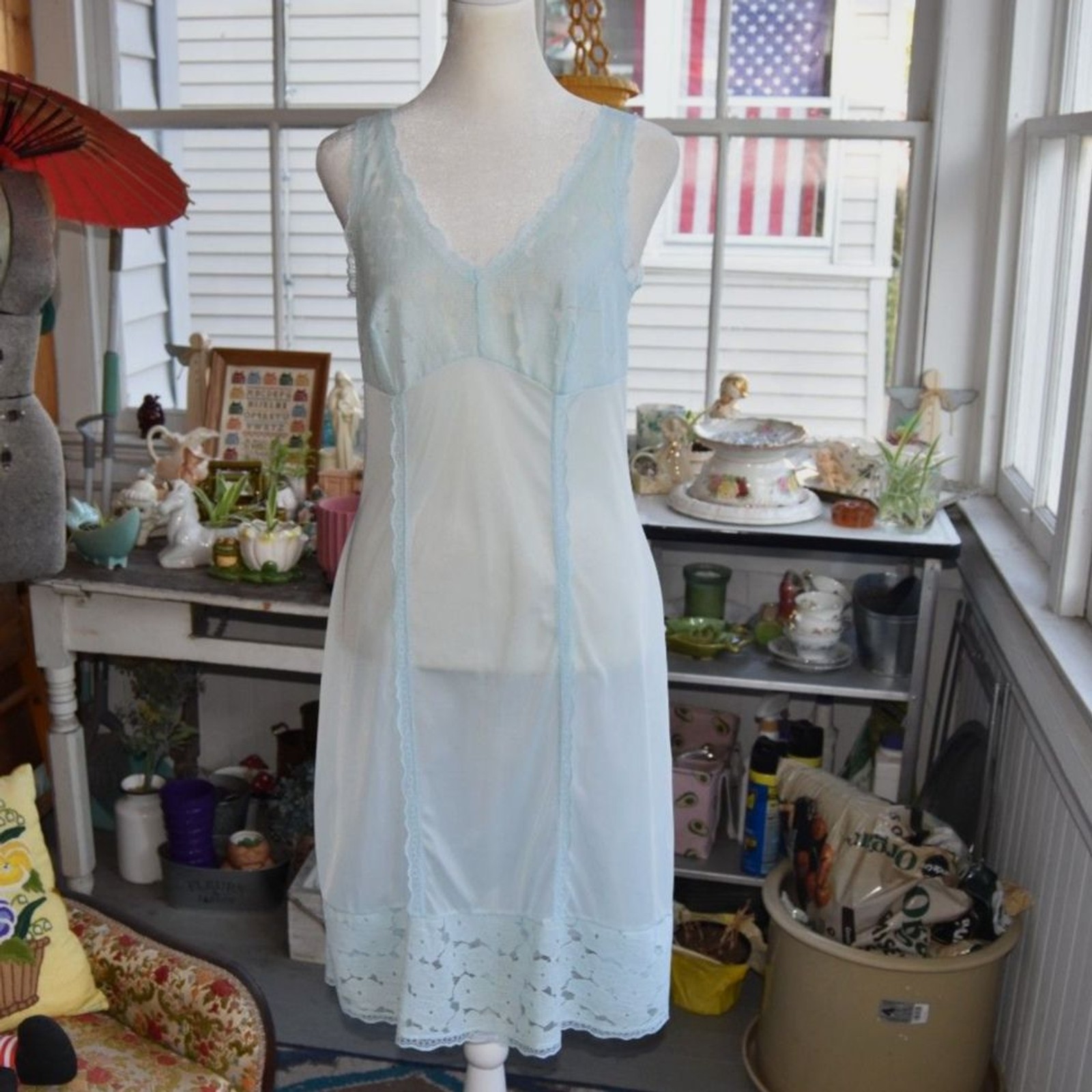 Vintage 1960s Blue Sheer Nylon Lace Nightgown Size Small Boudoir Lingerie