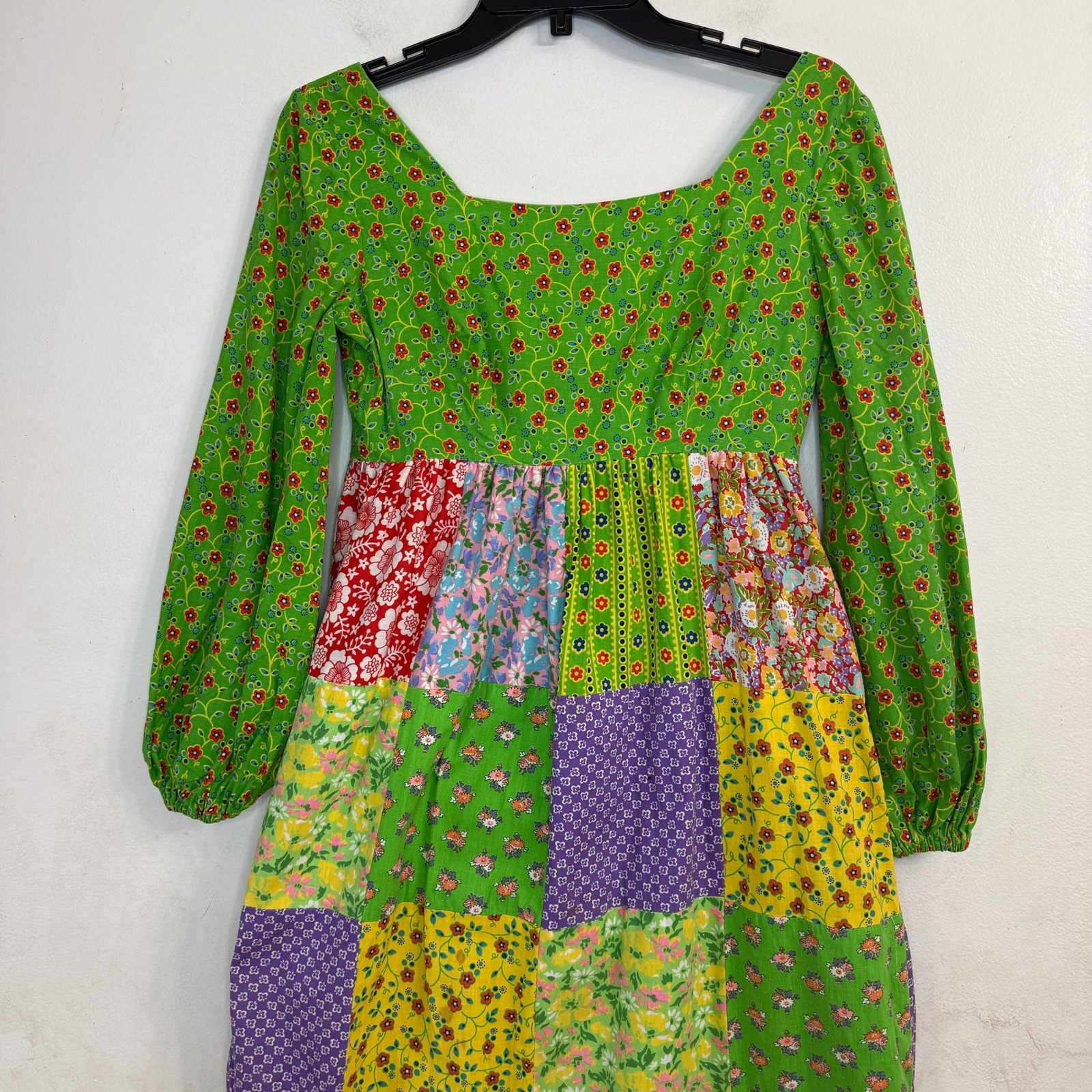 Vtg Mountain Artisans Patchwork Maxi Hippie Dress Floral Boho Green Pink Size 8