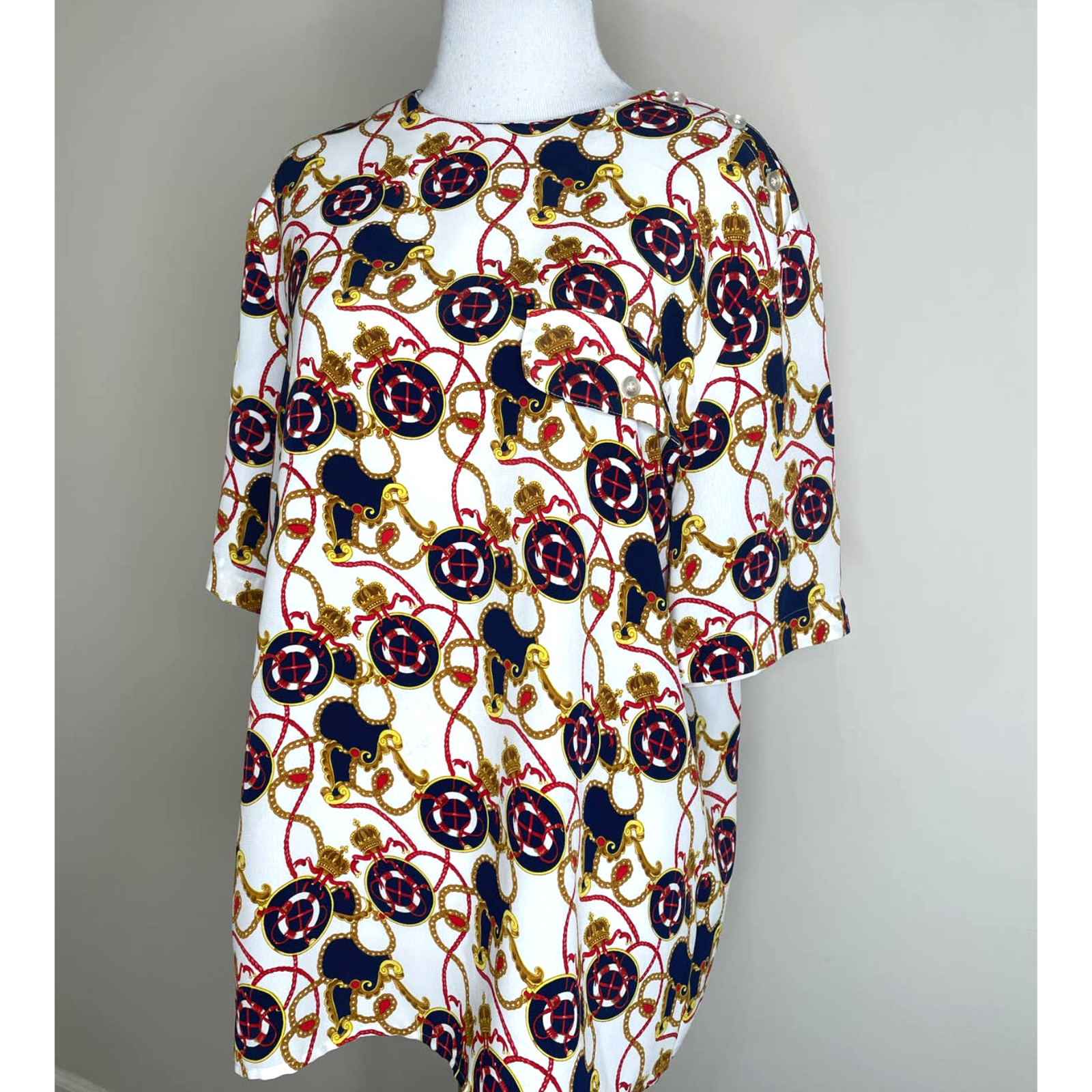 Vintage Blouse Haberdashery Leslie Fay Womens Shirt 12 Career Blue Cream Red