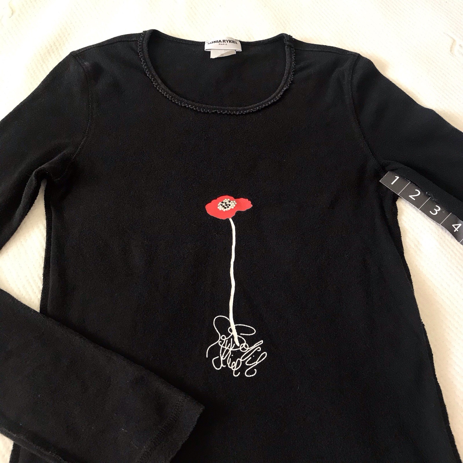 Vintage Sonia Rykiel Black Knit T-Shirt Top Small Embellished Poppy Flower Y2K