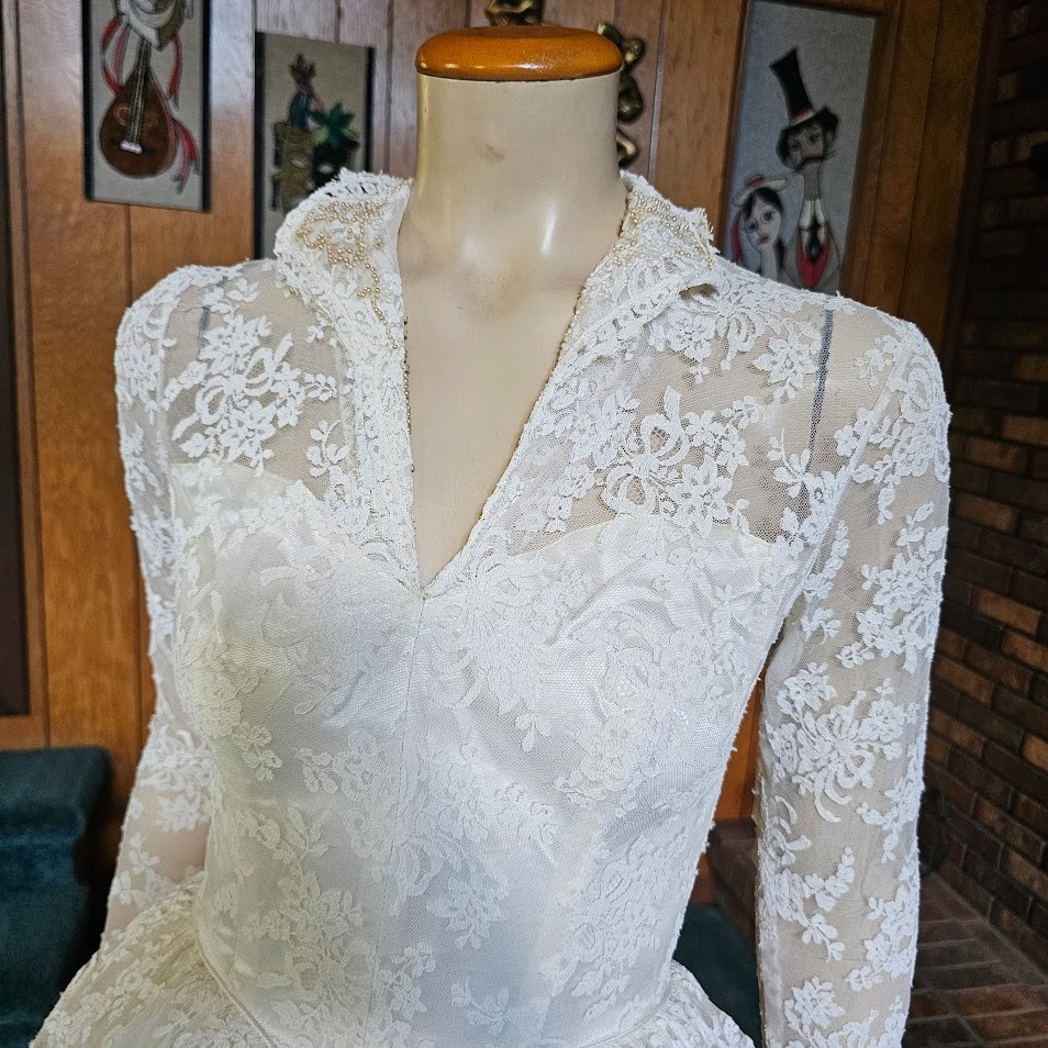 Vtg 50s Floral Bows Lace Netting Wedding Gown Cupcake Cathedral Train Dress XS/S