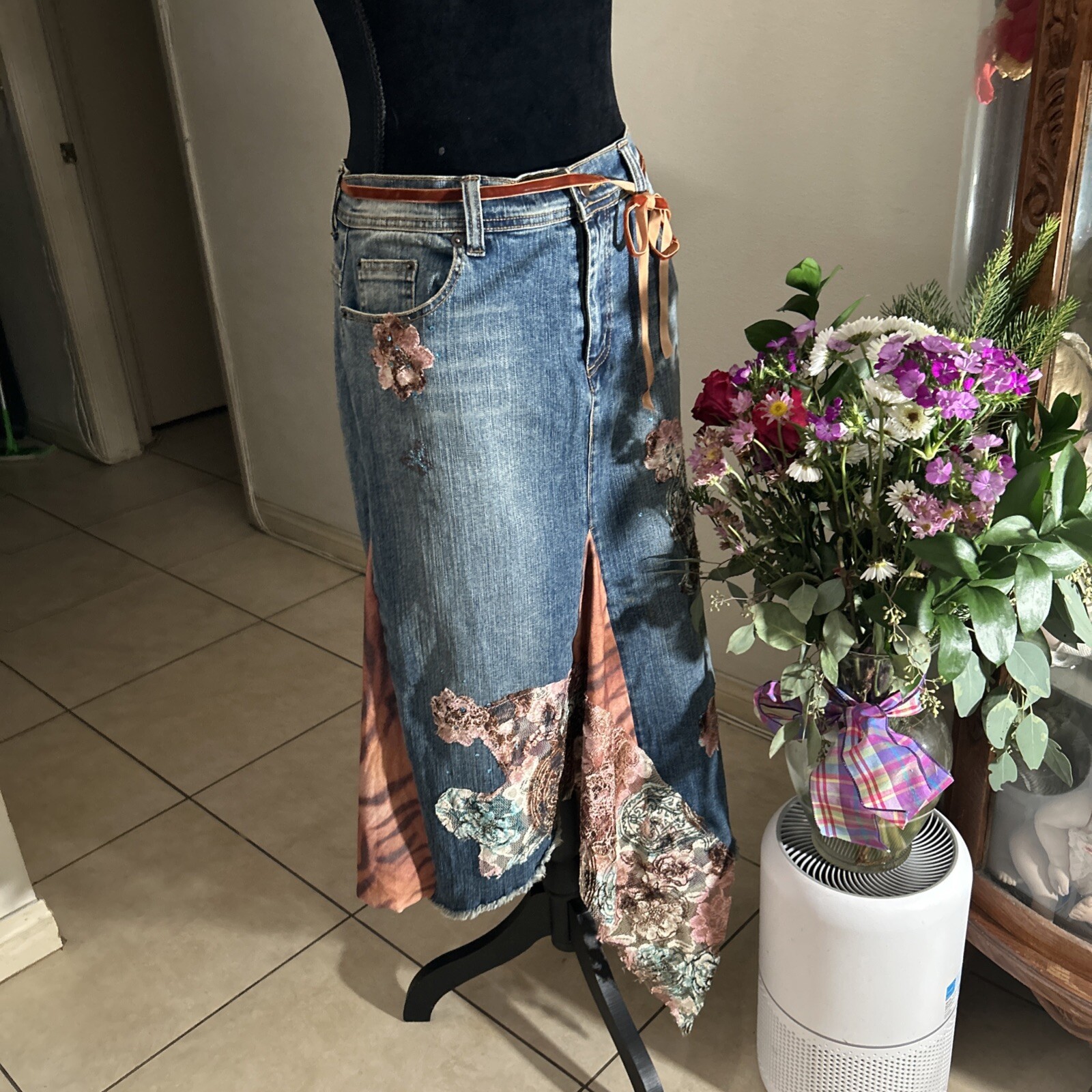 Alberto Makali 80s Vintage Embellished Designer Denim Jean Skirt Sz 8 RARE