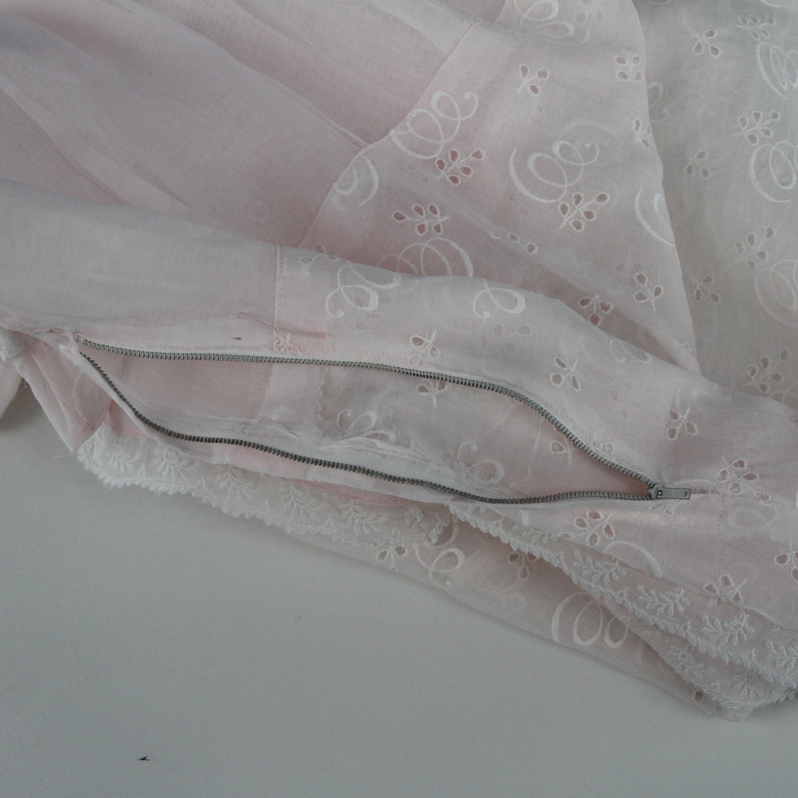 Vintage 1940s-50s Pink Organdy Embroidered Dress Lace Trim Hand Sewn Hem