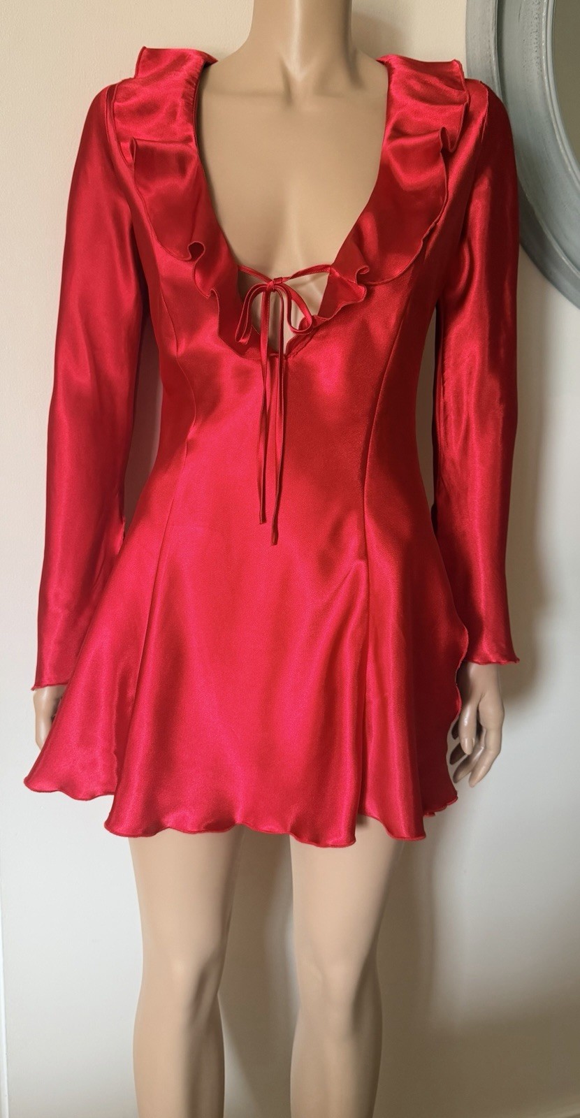 Vintage Fredericks of Hollywood Lingerie Red Liquid Satin Mini Slip Dress Small
