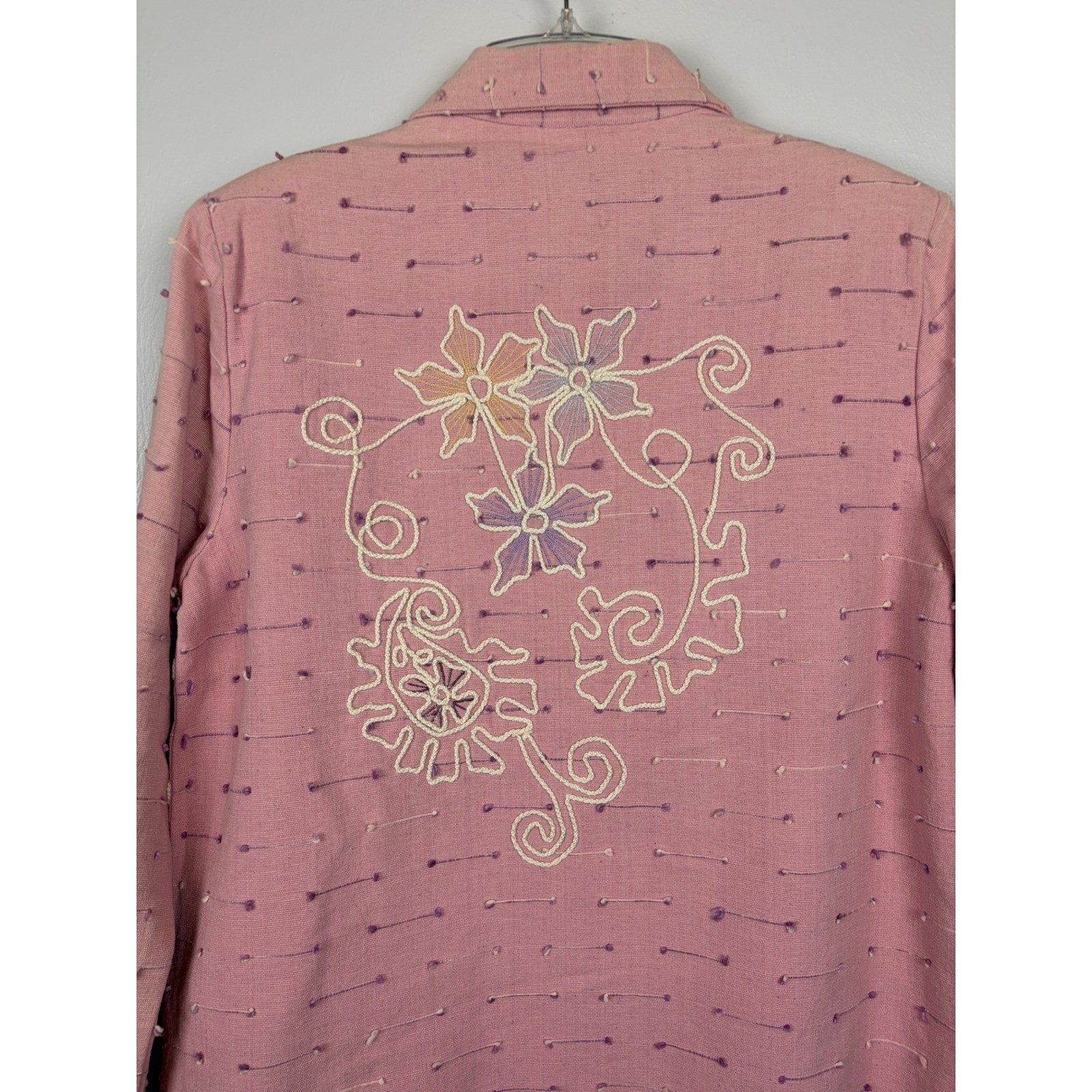 Alex Kim Pink Embroidered Floral Cotton Jacket Medium Art To Wear Boho Statement