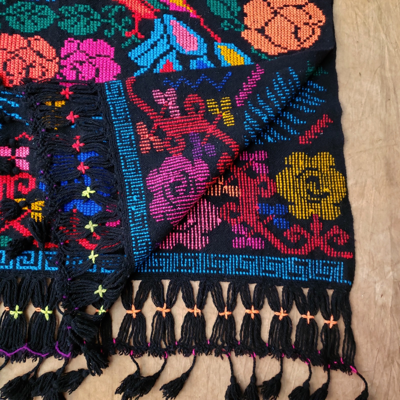 Vintage 70s Colorful Embroidered Boho Fringe Blanket Poncho OS