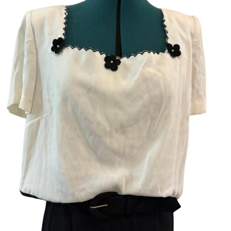 Vintage 80s Retro Black and White Belted Floral Embellished Jumper NWT Size 16