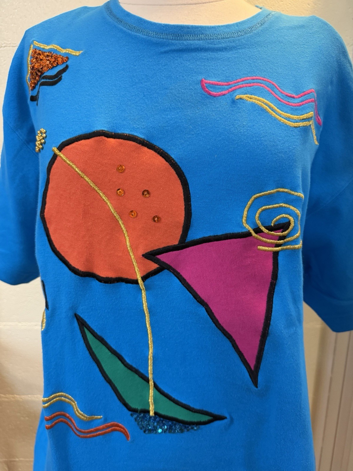 Regina Porter Vintage Top M Blue Abstract Sequin Beaded Art Shirt 80s 90s