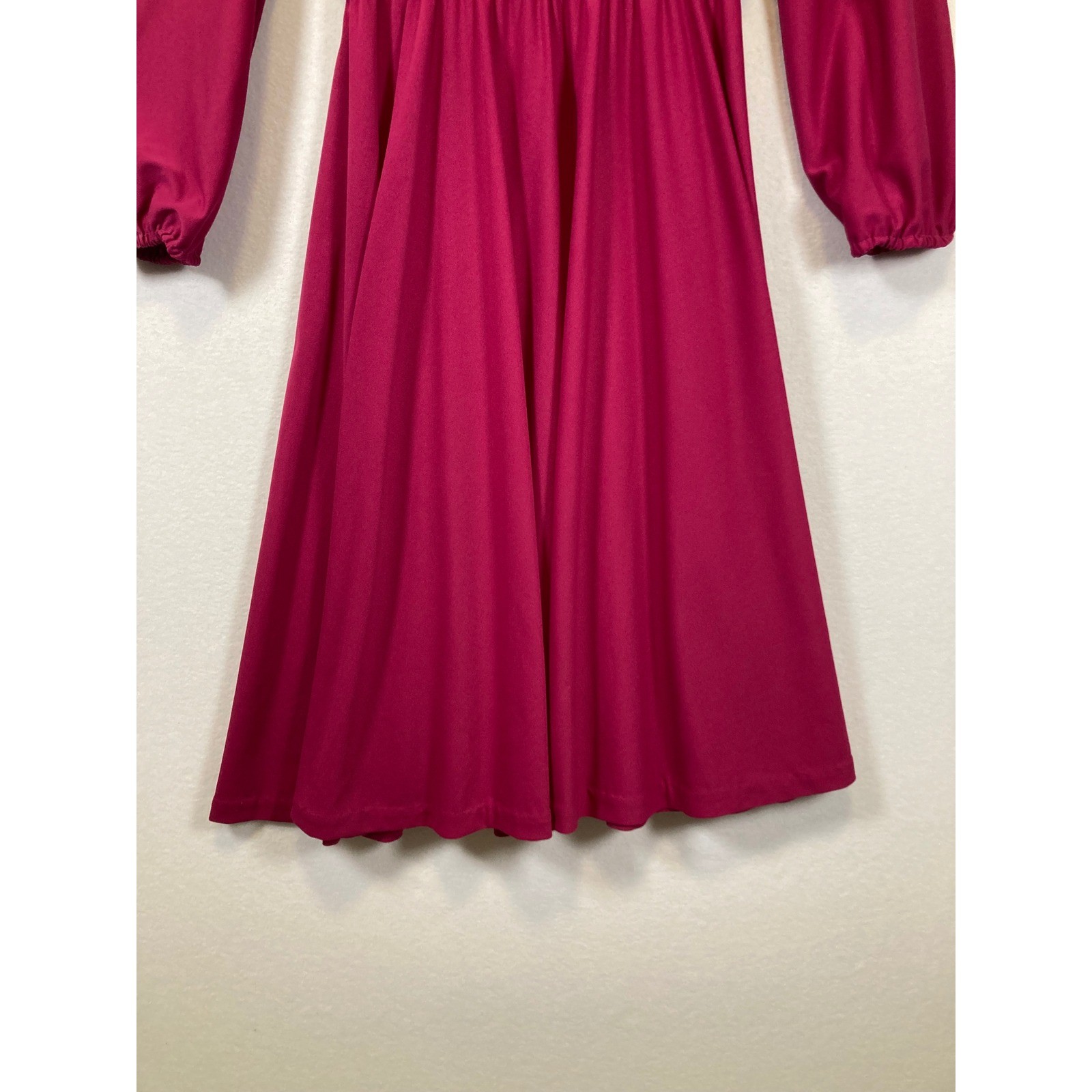 Vintage Sally Lou Women Magenta Pink Pleated Long Sleeve Elastic Waist Dress