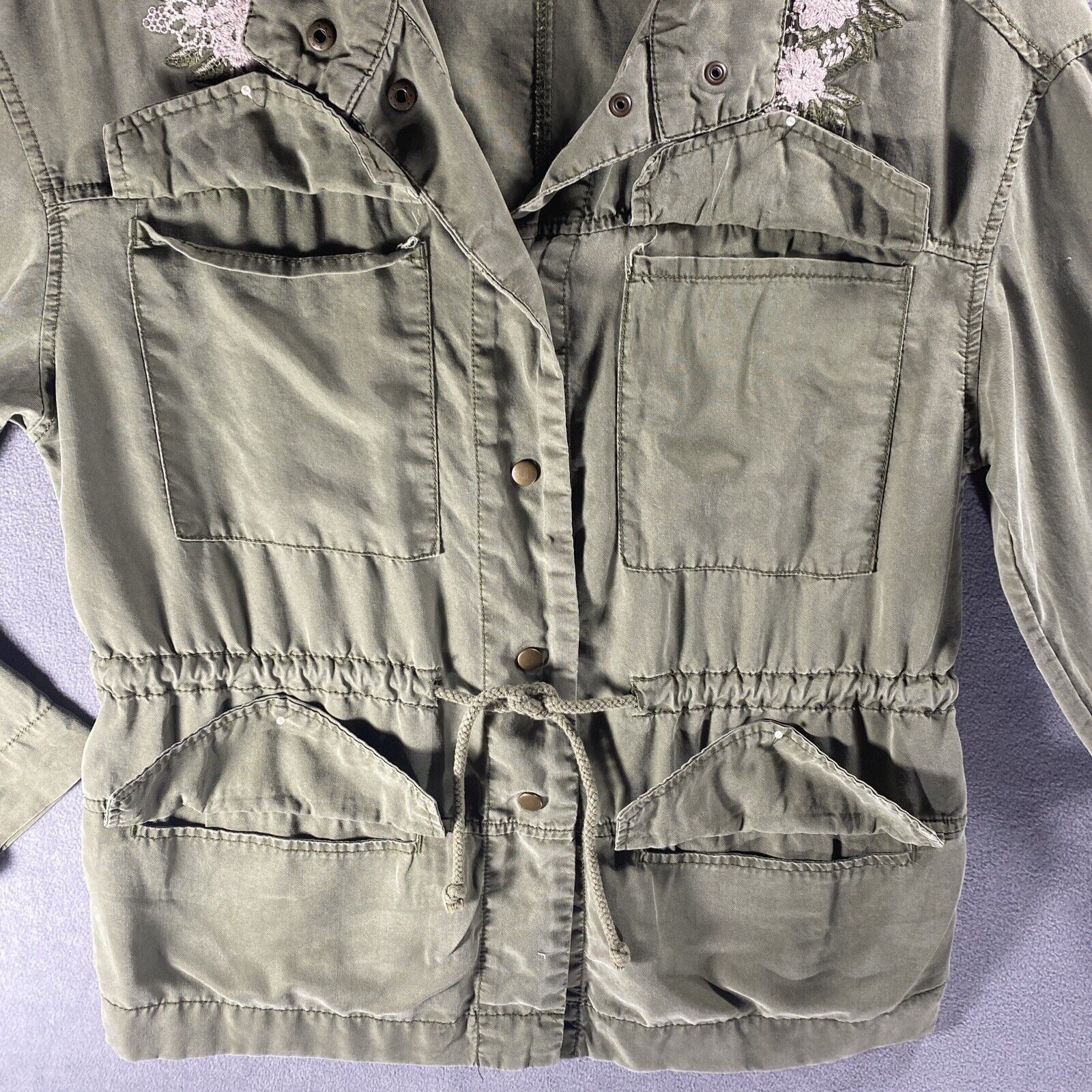 VTG Y2K Women’s Utility Cargo Jacket Medium Army Green Cinched Waist Embroidered