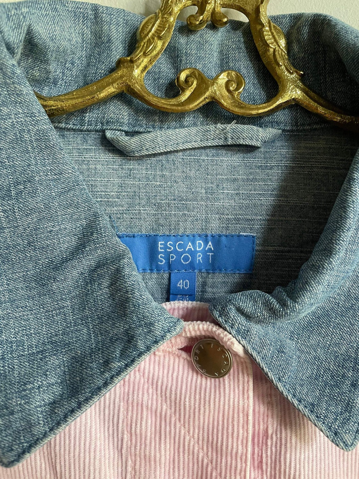 Escada sport denim jacket, Baby pink and light blue summer coat, Vintage high en
